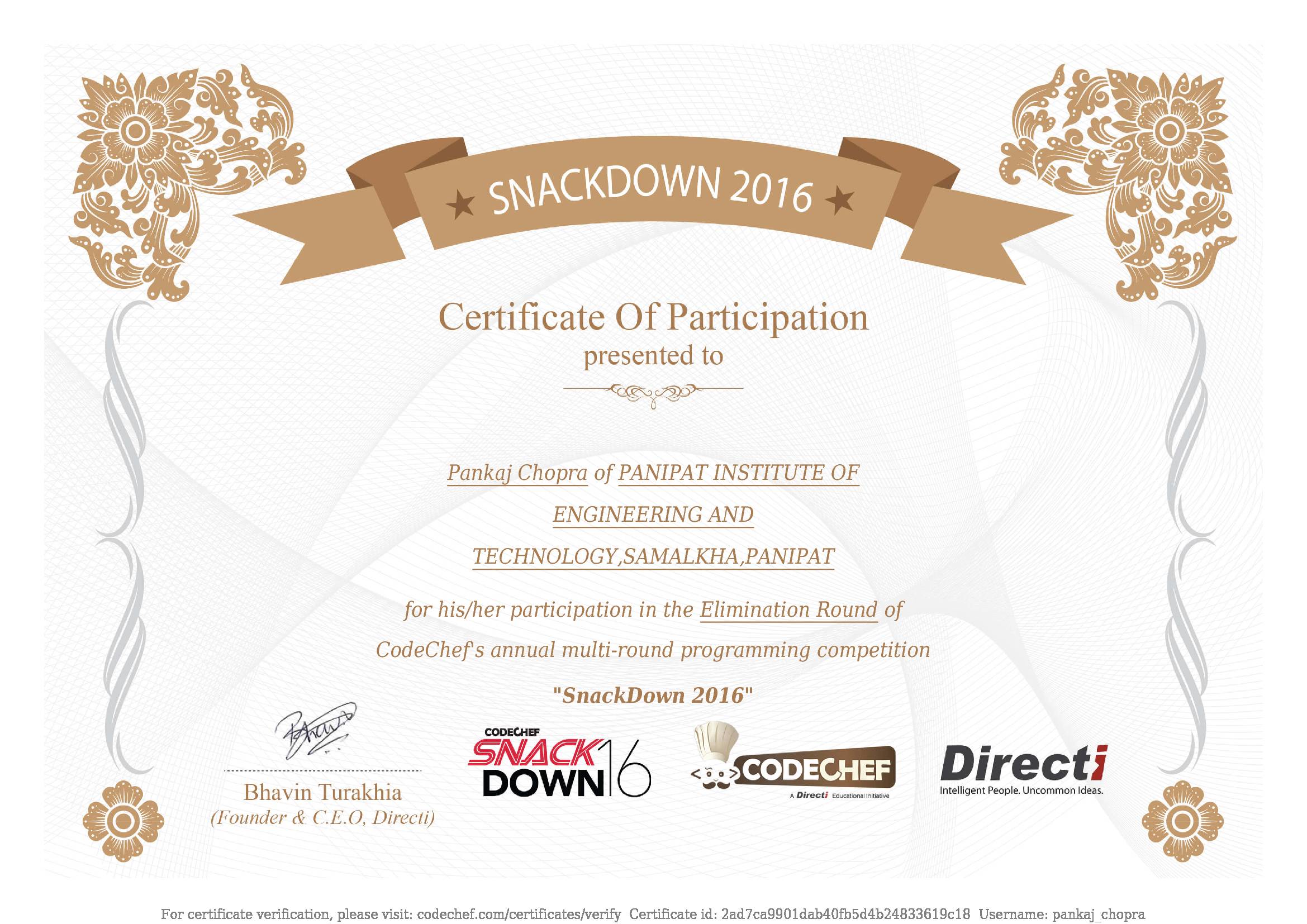 Awarded to Pankaj Chopra