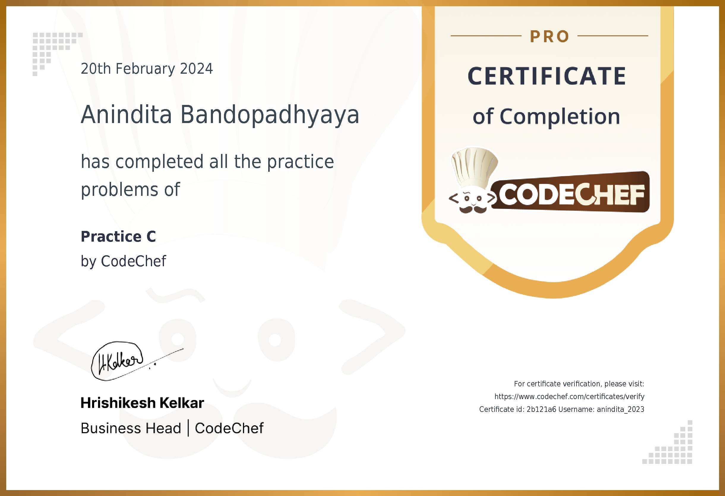 Awarded to Anindita Bandopadhyaya for completing <a href='/practice/c'>Practice C</a>