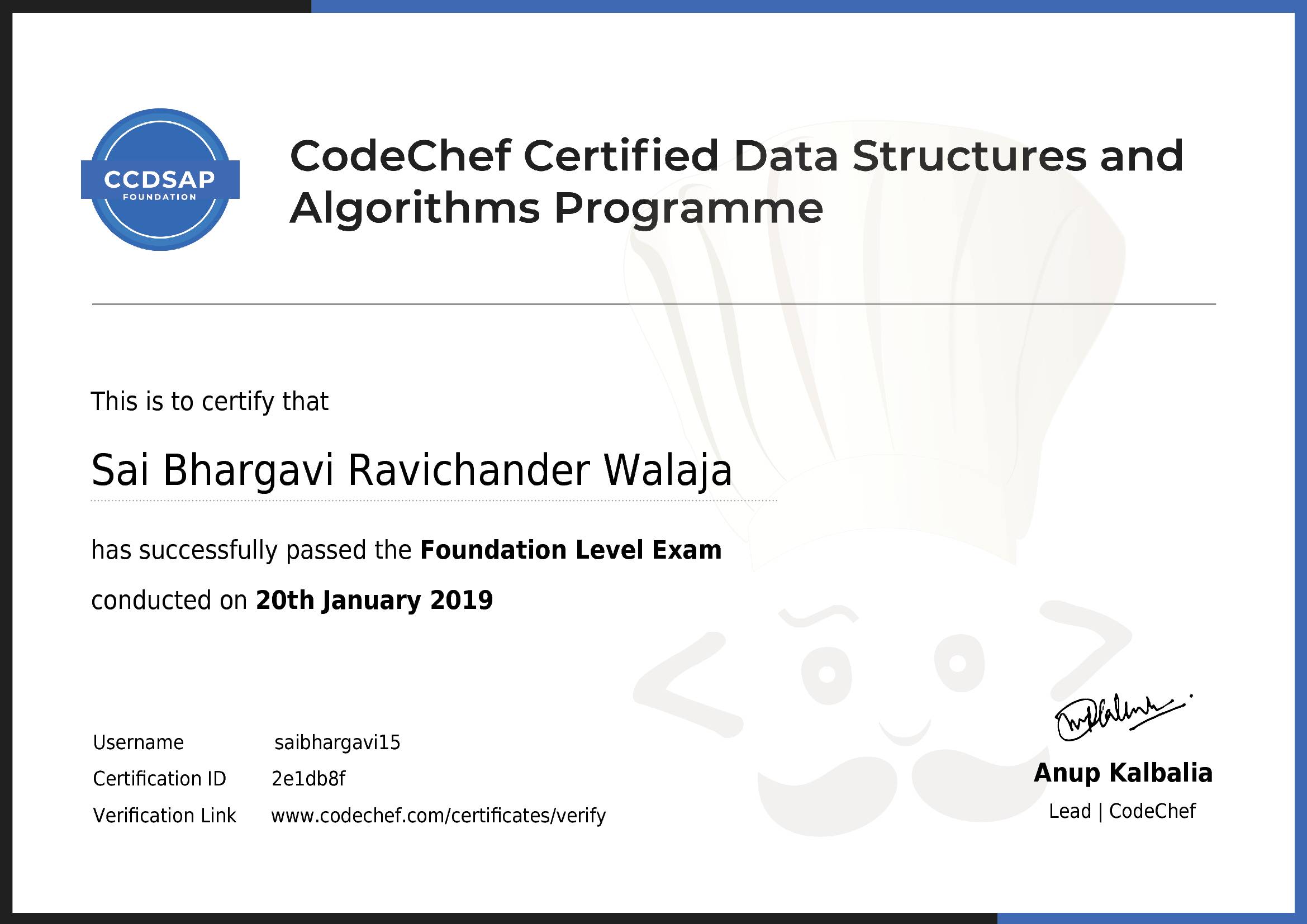 Awarded to Sai Bhargavi Ravichander Walaja