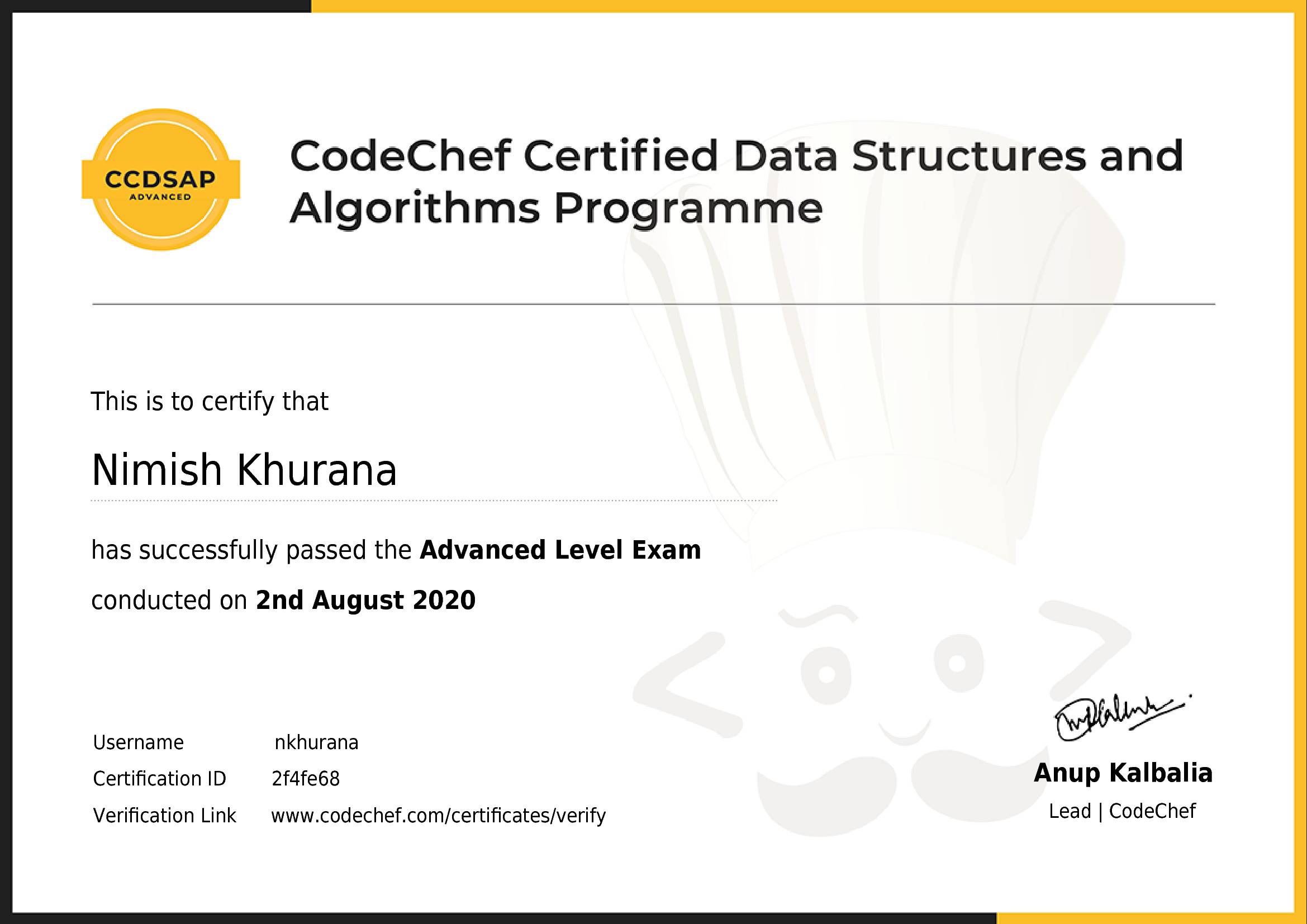 Awarded to Nimish Khurana