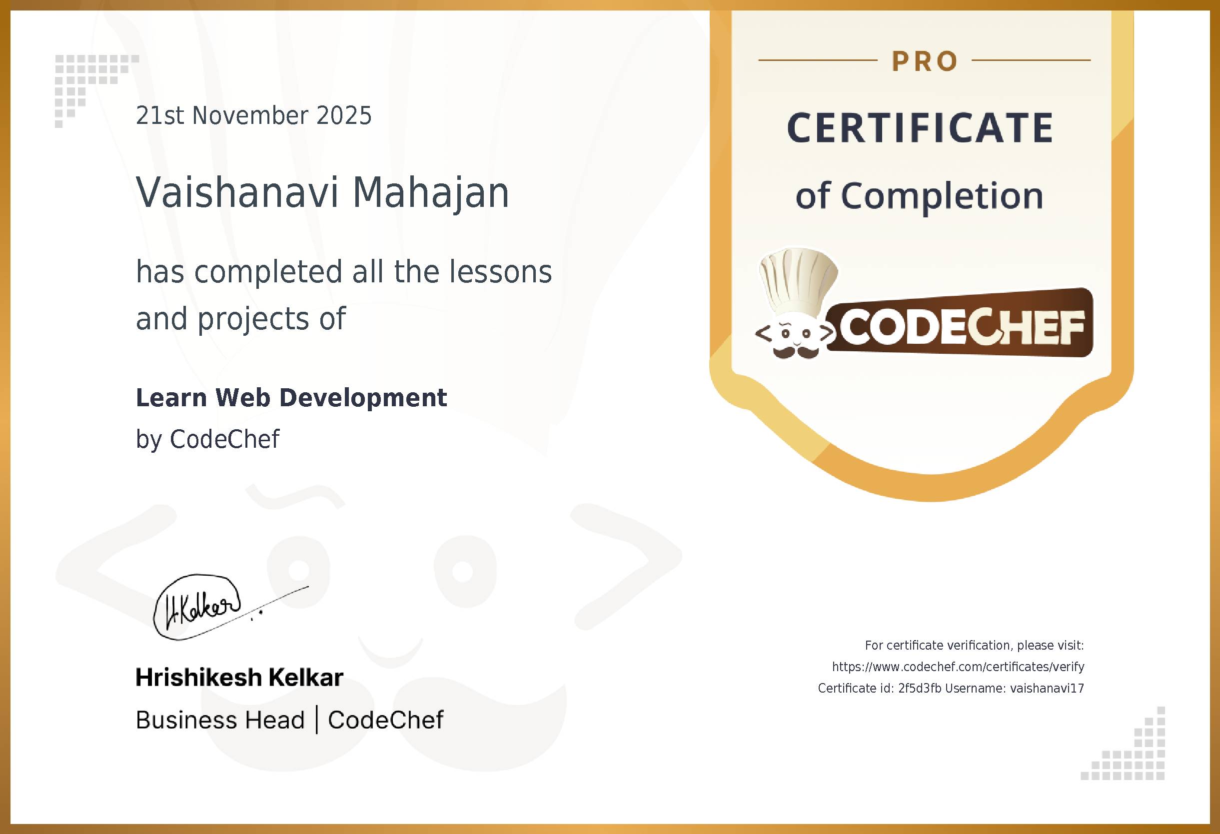 Awarded to Vaishanavi Mahajan for completing <a href='/learn/course/rcpit-ce-web-dev-s5-2025'>Learn Web Development</a>