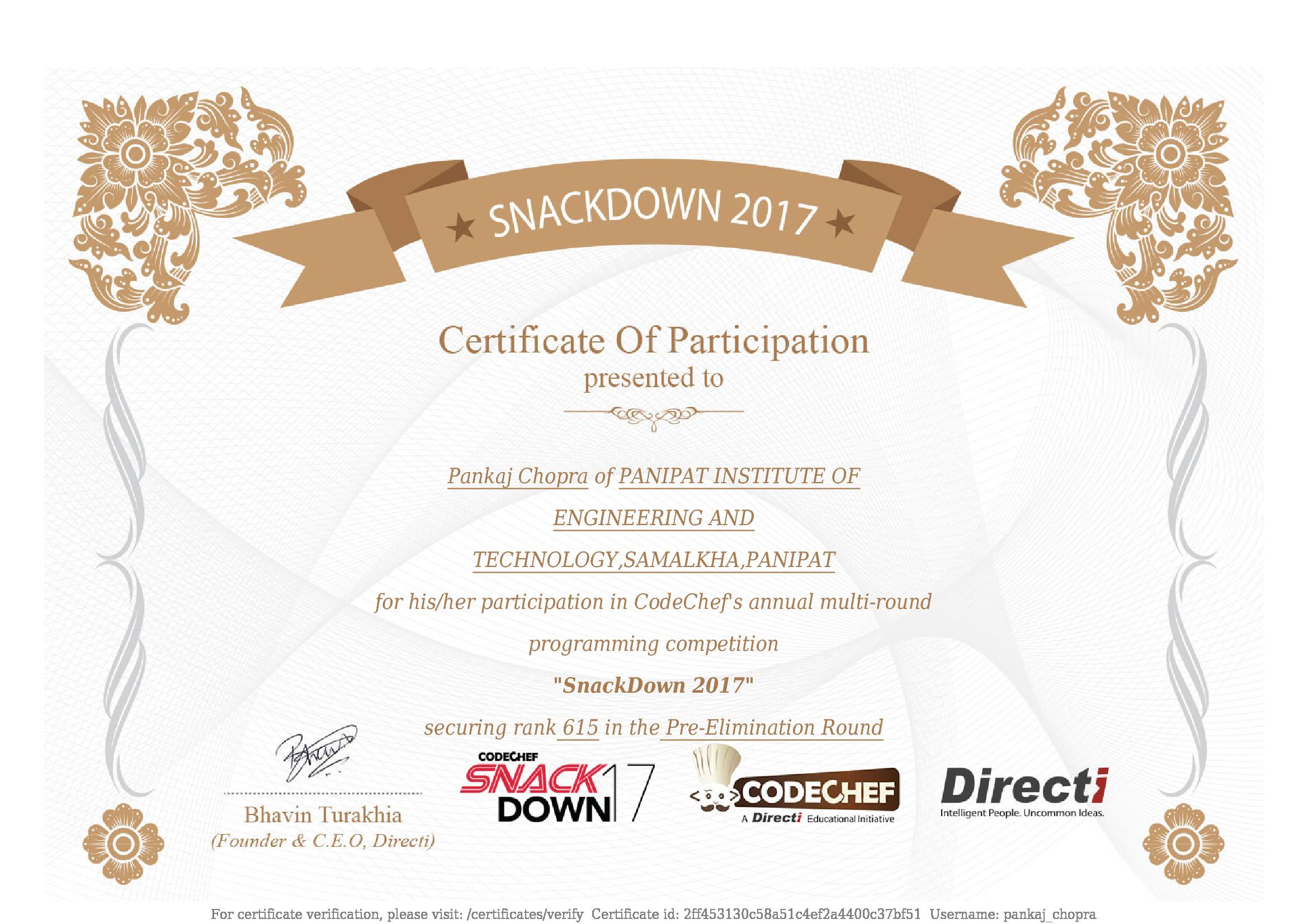 Awarded to Pankaj Chopra