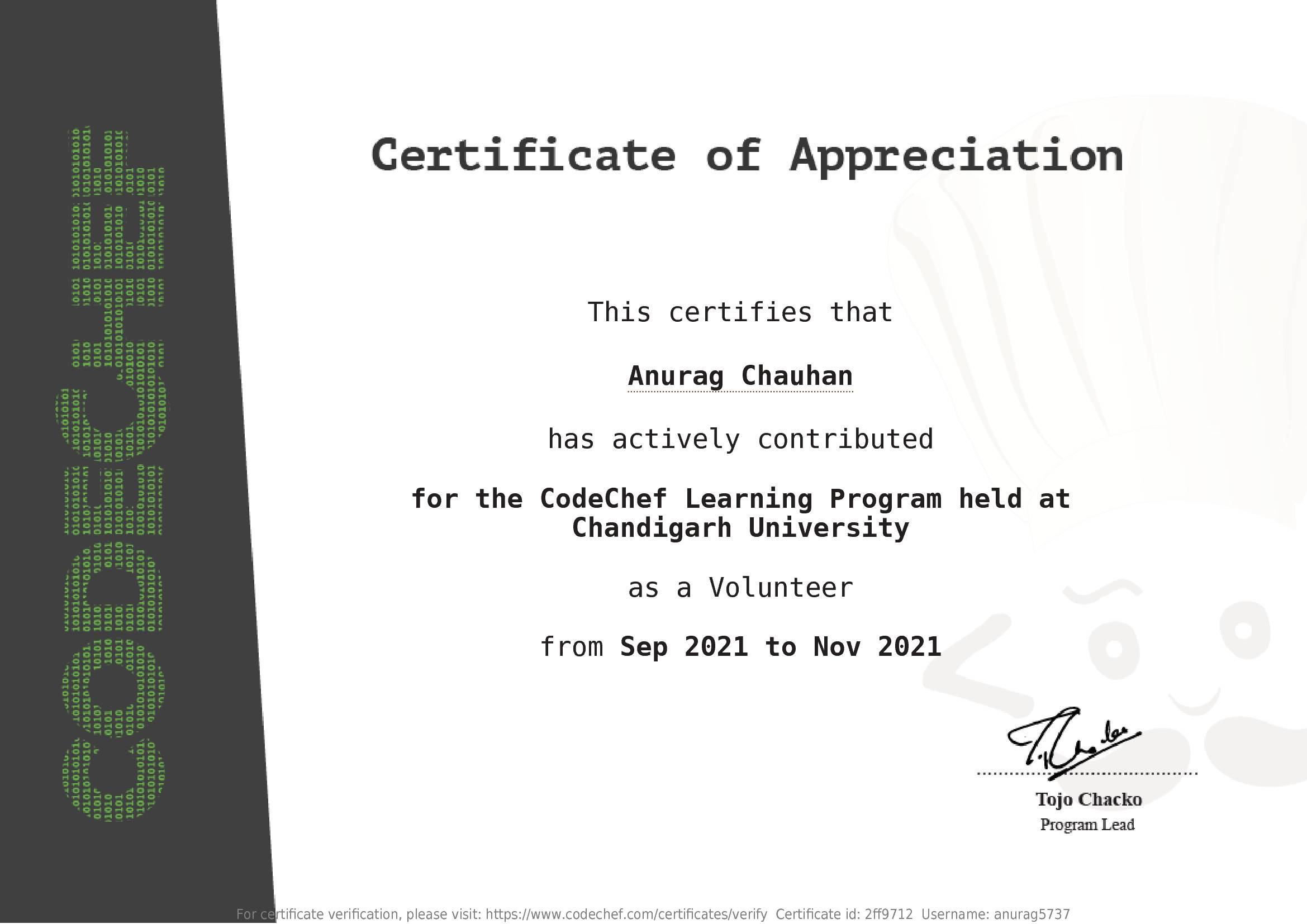 Awarded to Anurag Chauhan