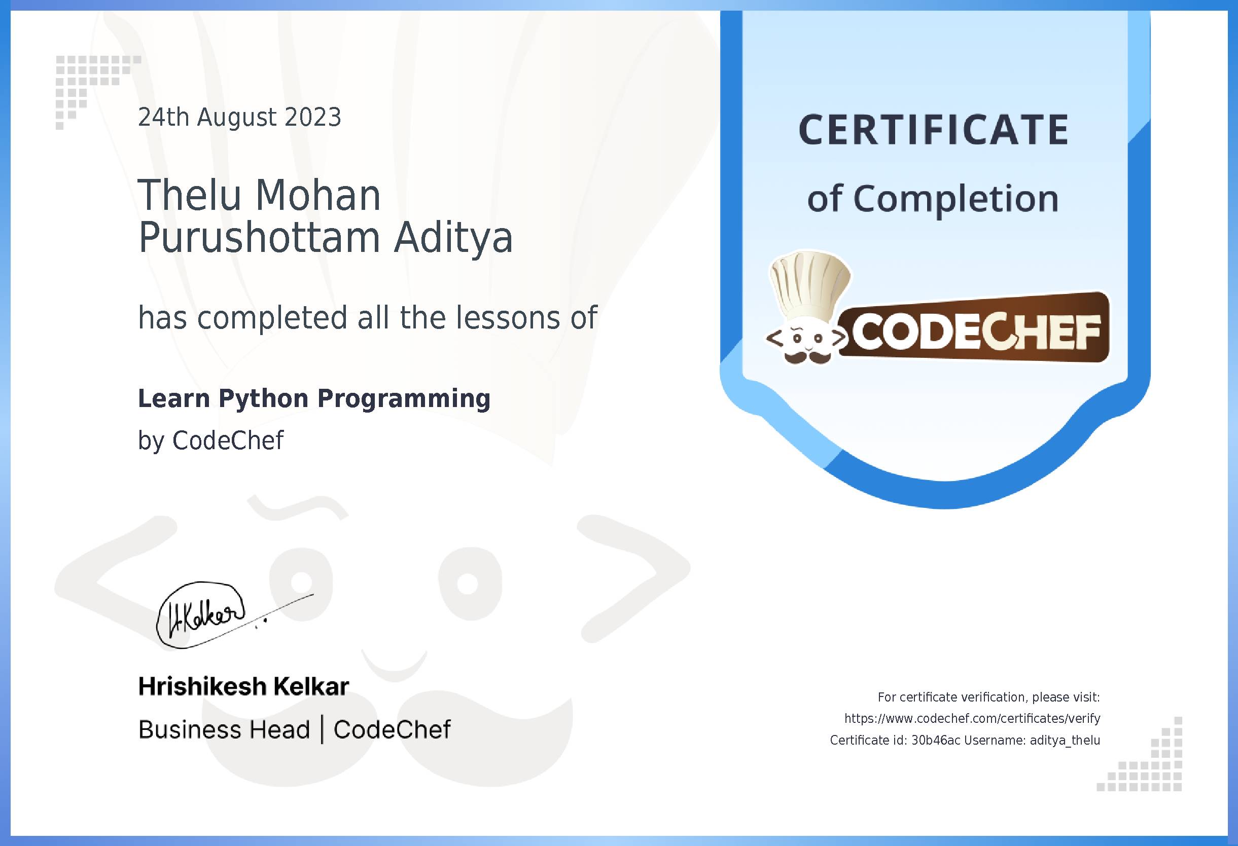 Awarded to Thelu Mohan Purushottam Aditya for completing <a href='/learn/course/python'>Learn Python</a>