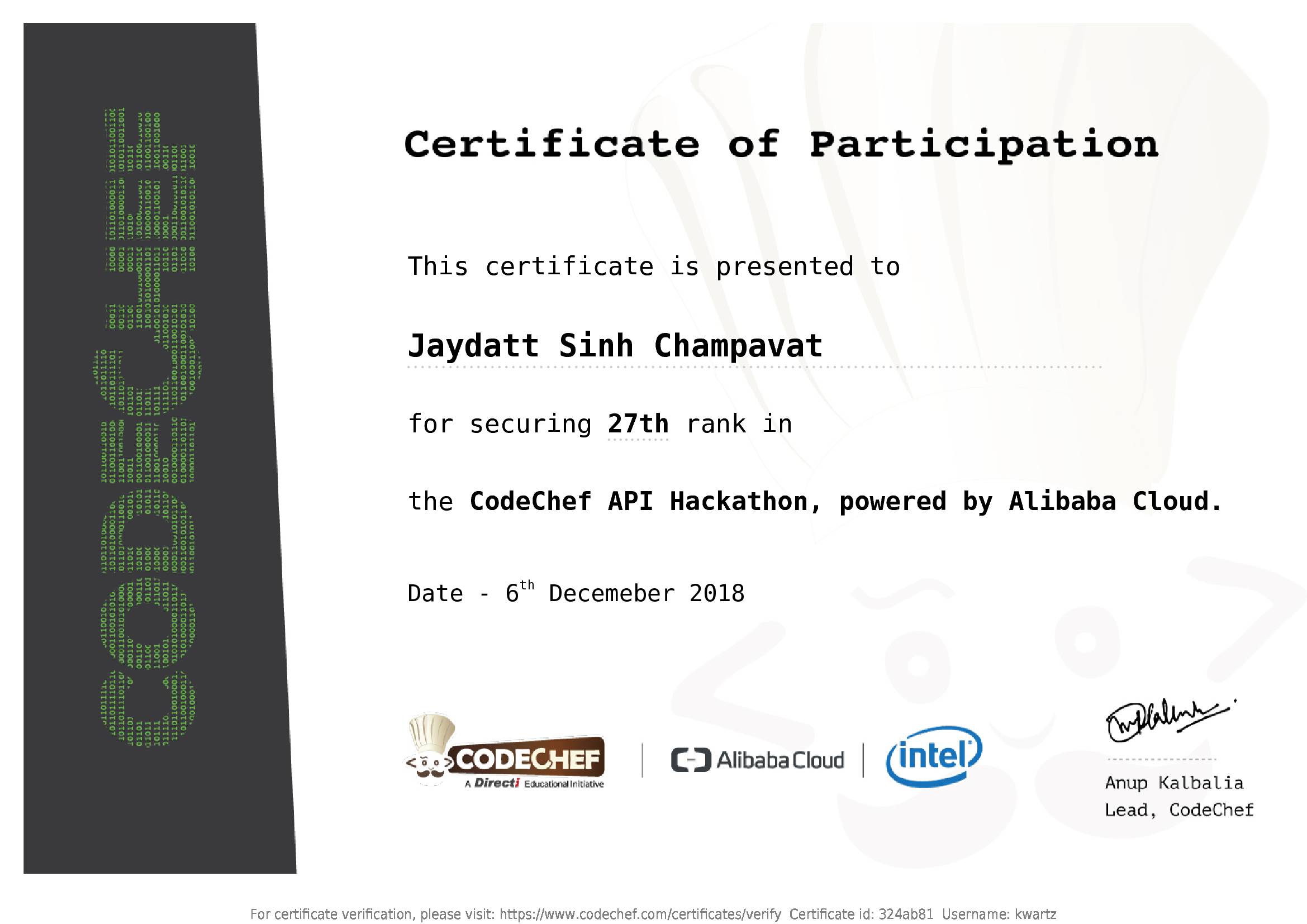 Awarded to Jaydatt Sinh Champavat