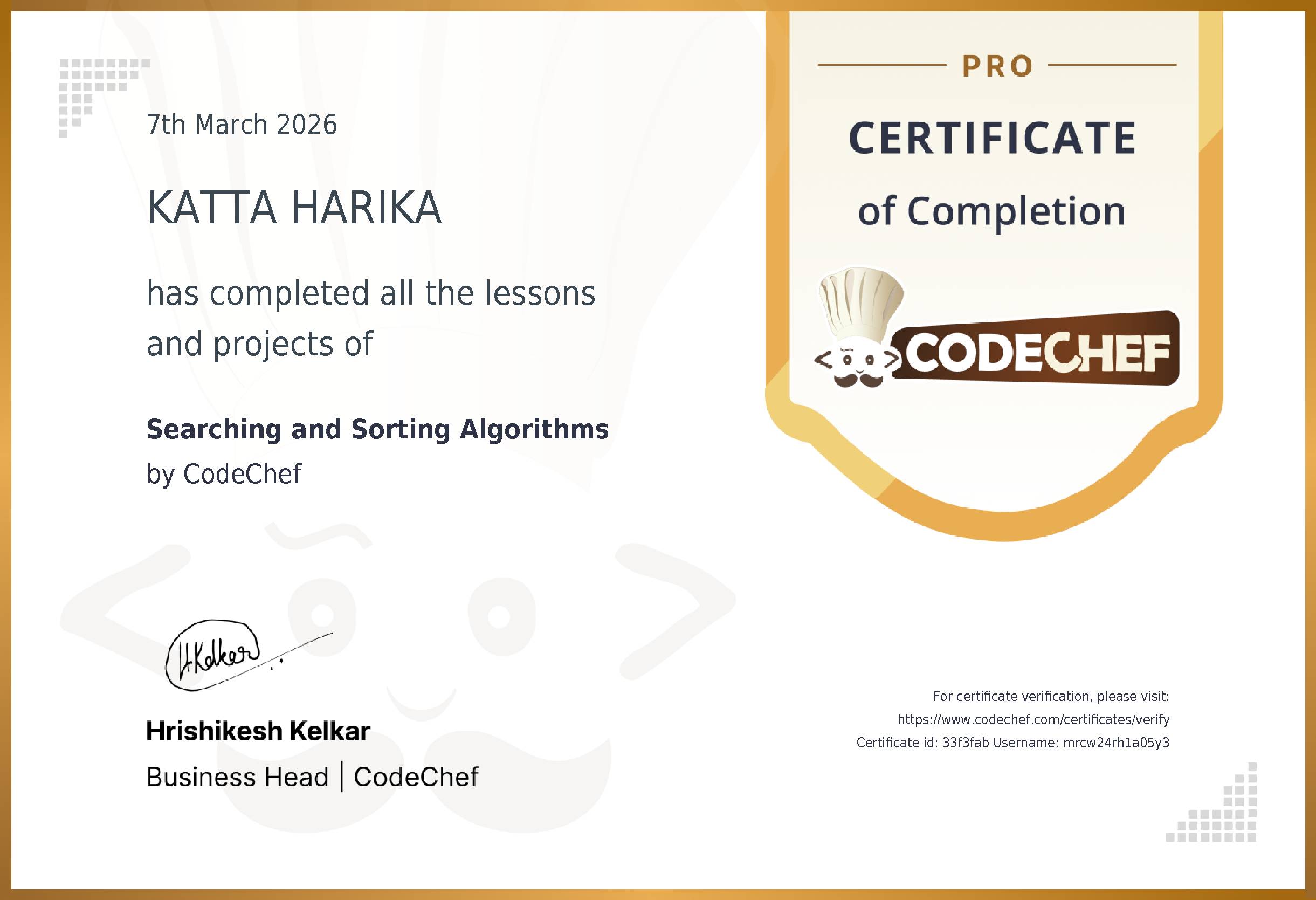 Awarded to KATTA HARIKA for completing <a href='/learn/course/searching-sorting'>Searching and Sorting Algorithms</a>