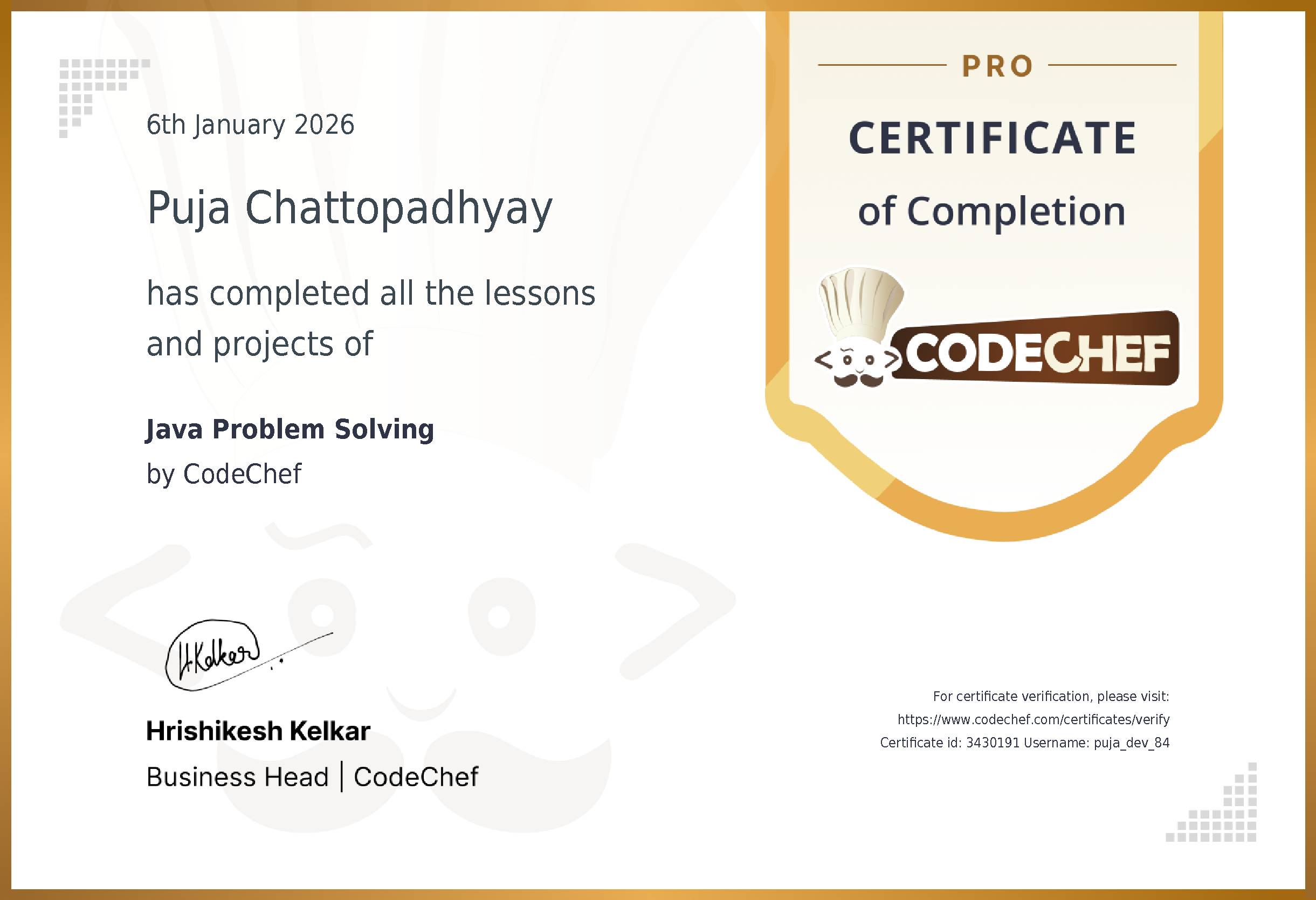 Awarded to Puja Chattopadhyay for completing <a href='/learn/course/java-beginner-v2-p1'>Java Problem Solving</a>