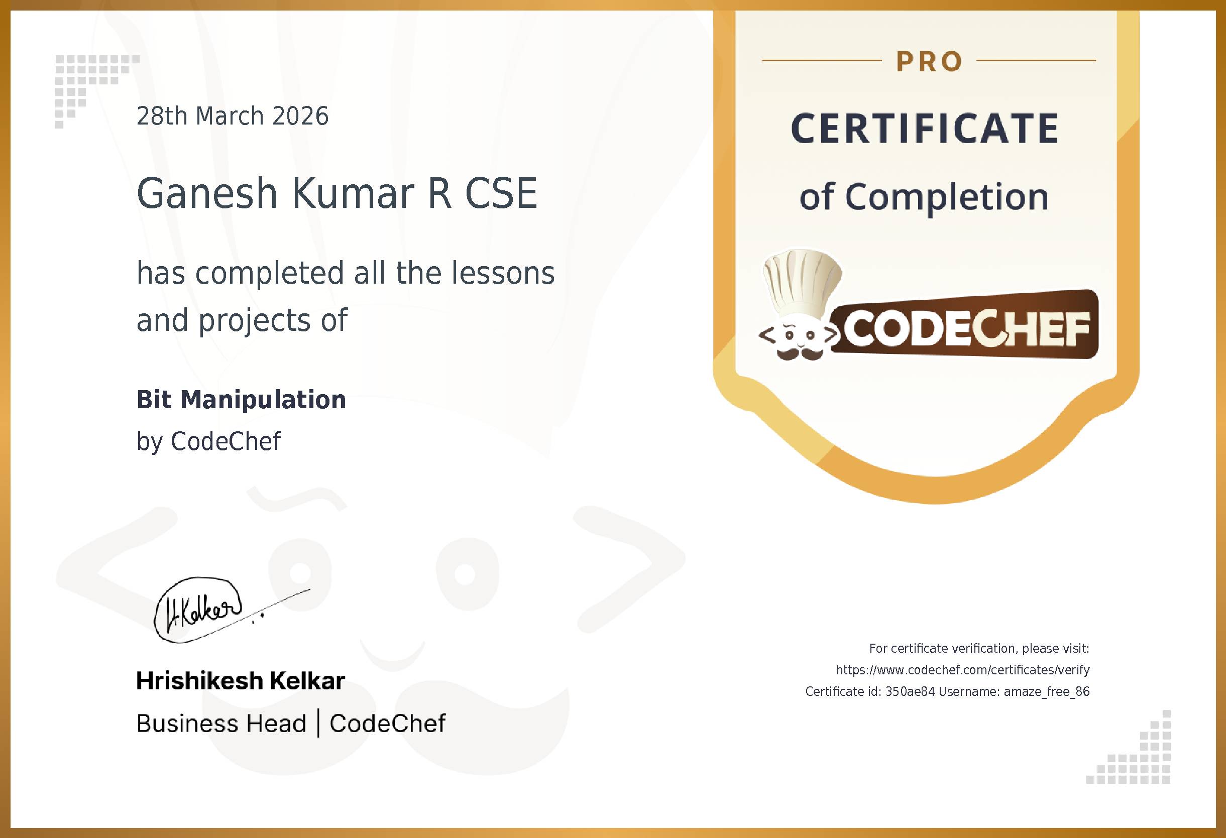 Awarded to Ganesh Kumar R CSE for completing <a href='/learn/course/bit-manipulation'>Bit Manipulation</a>