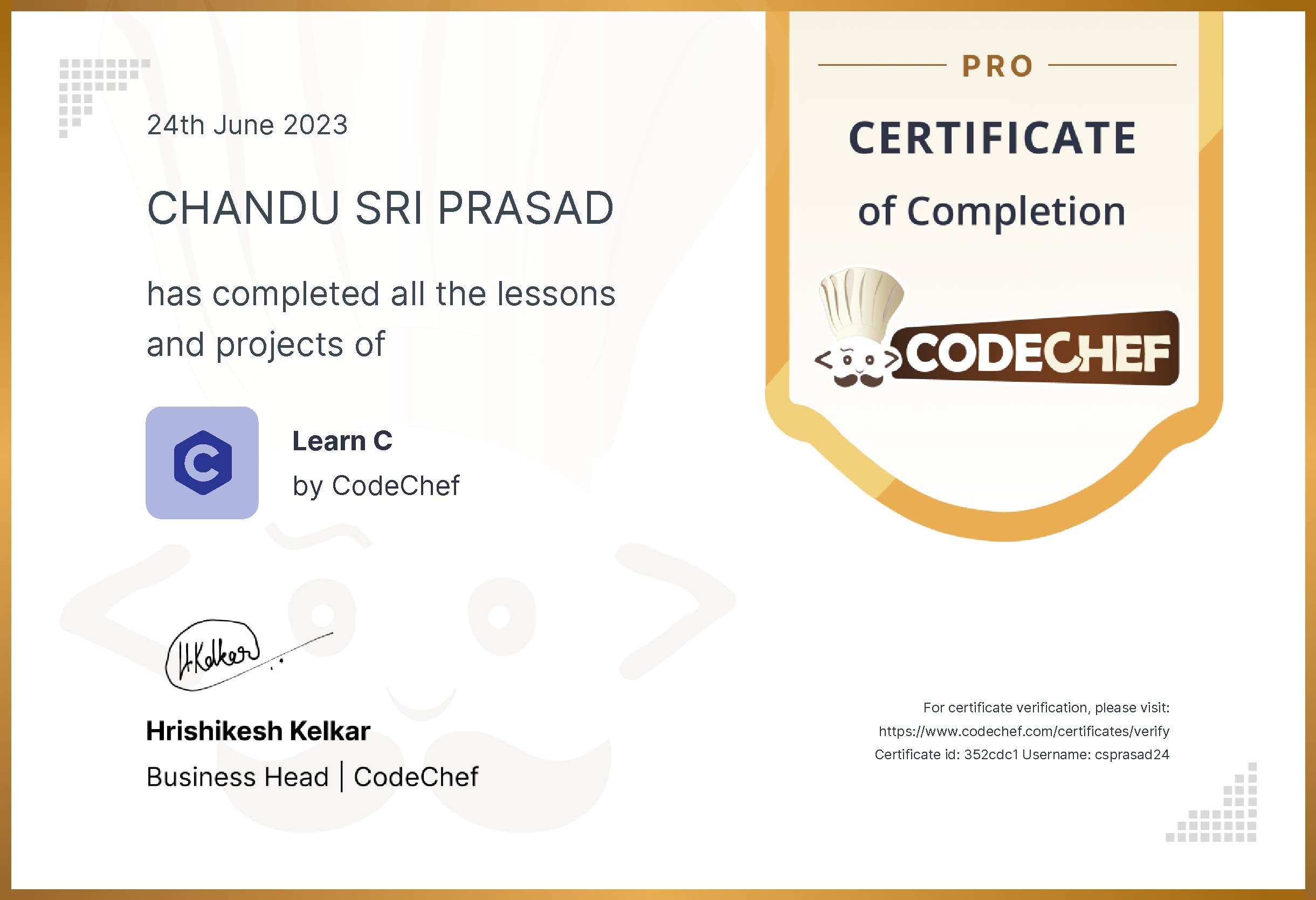 Awarded to CHANDU SRI PRASAD for completing <a href='/learn/course/c-old-old'>Learn C - Pro</a>