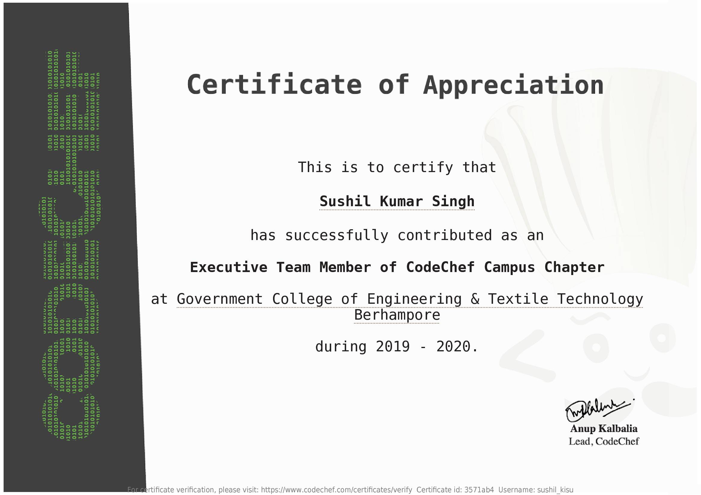 Awarded to Sushil Kumar Singh