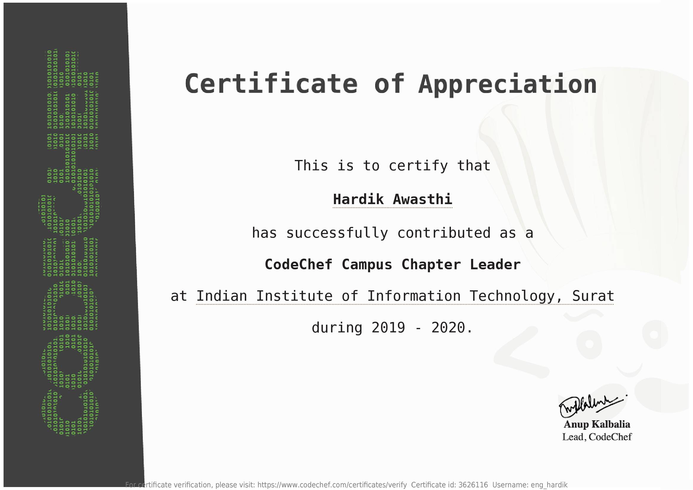 Awarded to Hardik Awasthi