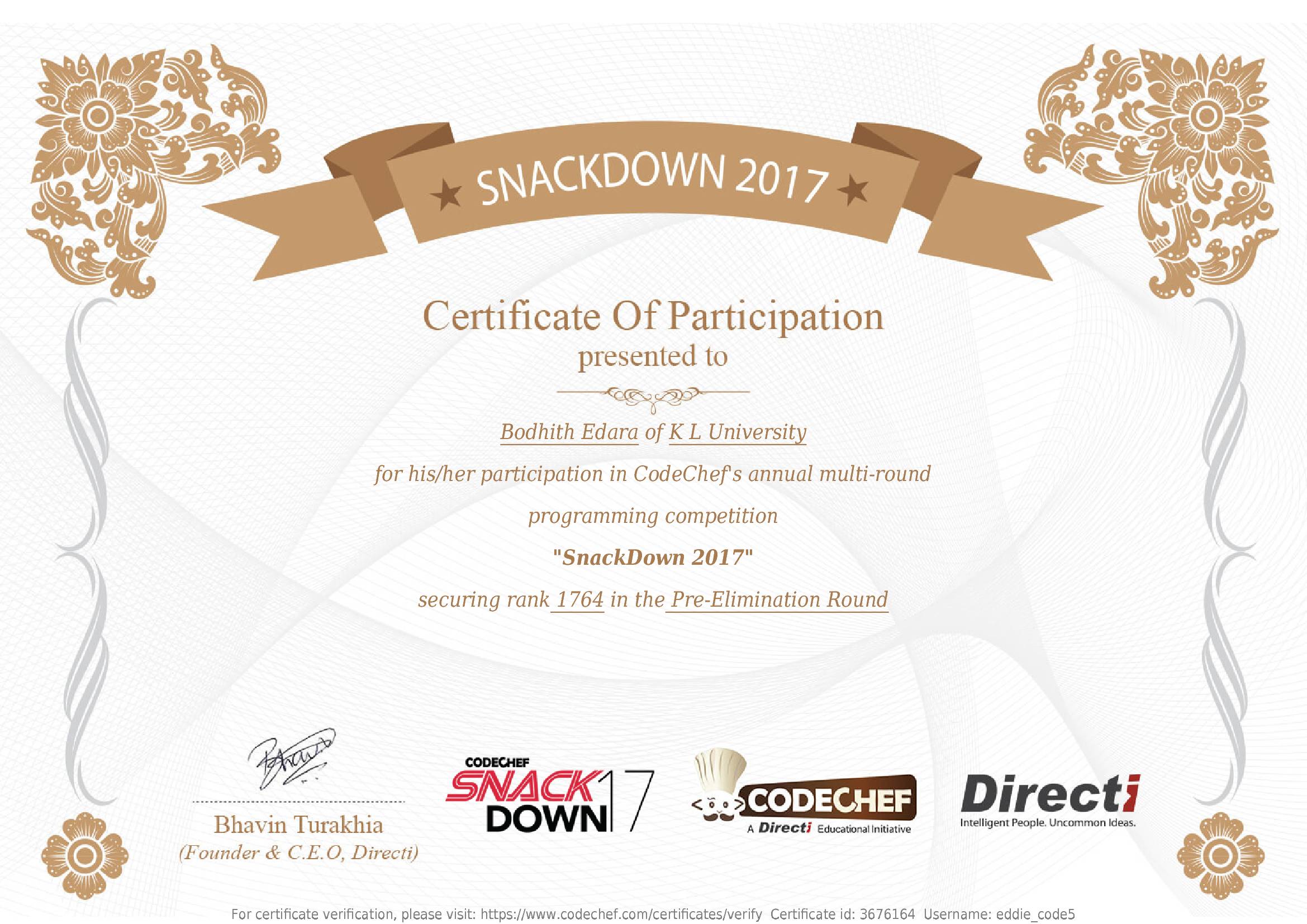 Awarded to Bodhith Edara