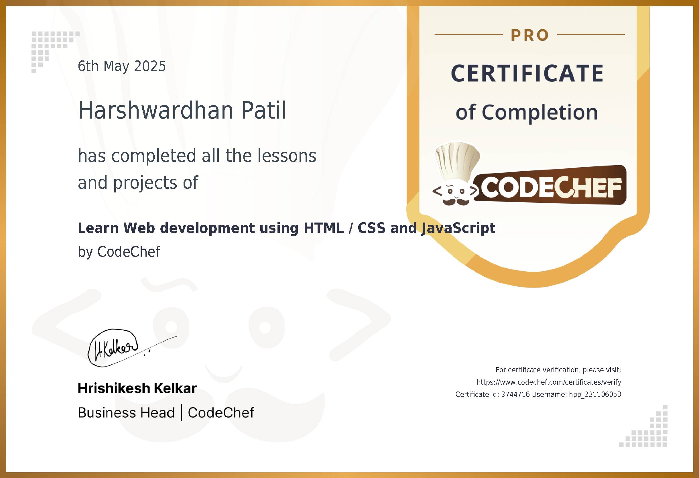 Awarded to Harshwardhan Patil for completing <a href='/learn/course/rcpit-web-dev-html-js'>Learn Web development using  HTML / CSS  and JavaScript</a>