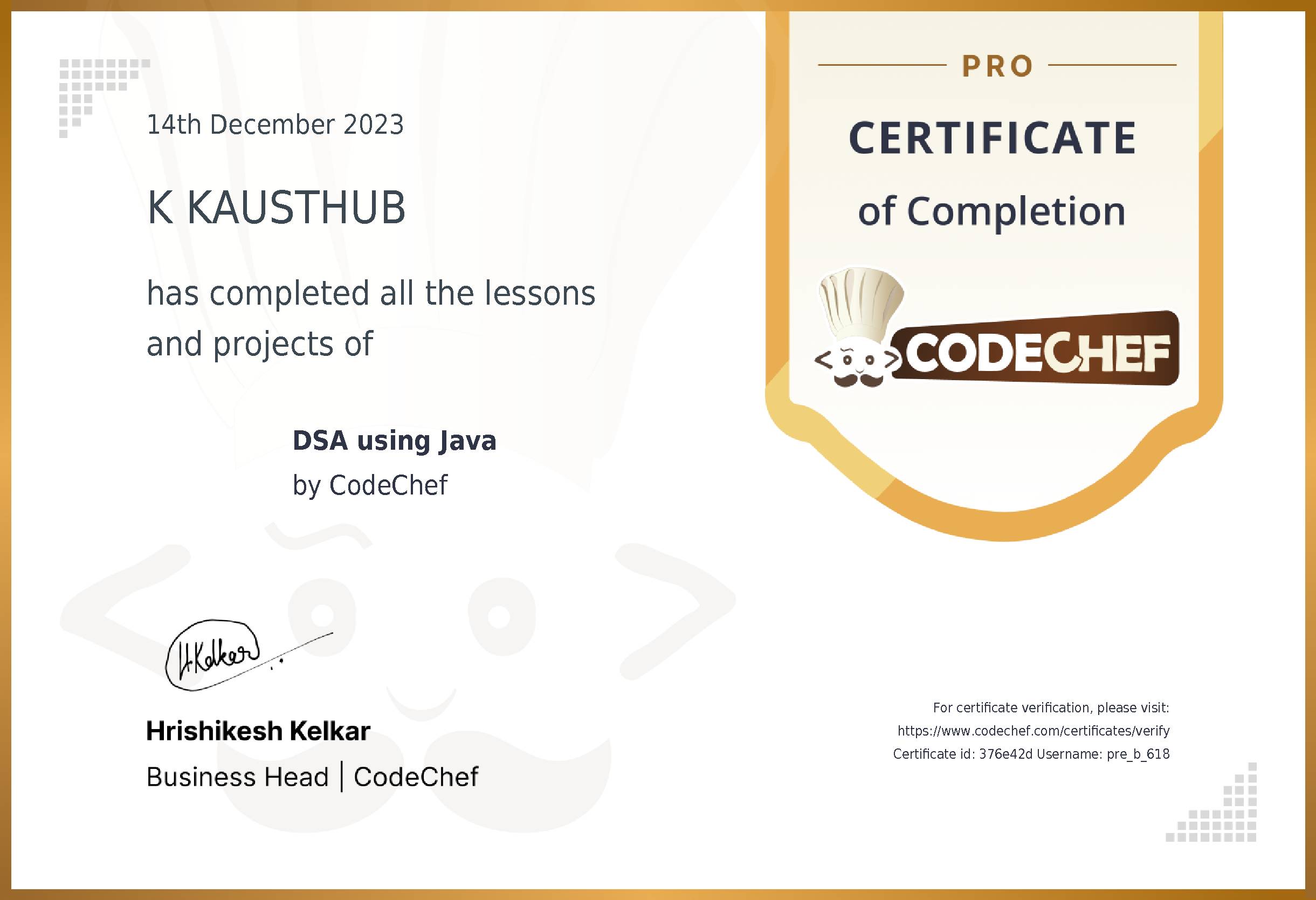 Awarded to K KAUSTHUB for completing <a href='/learn/course/pdsaj'>DSA using Java</a>