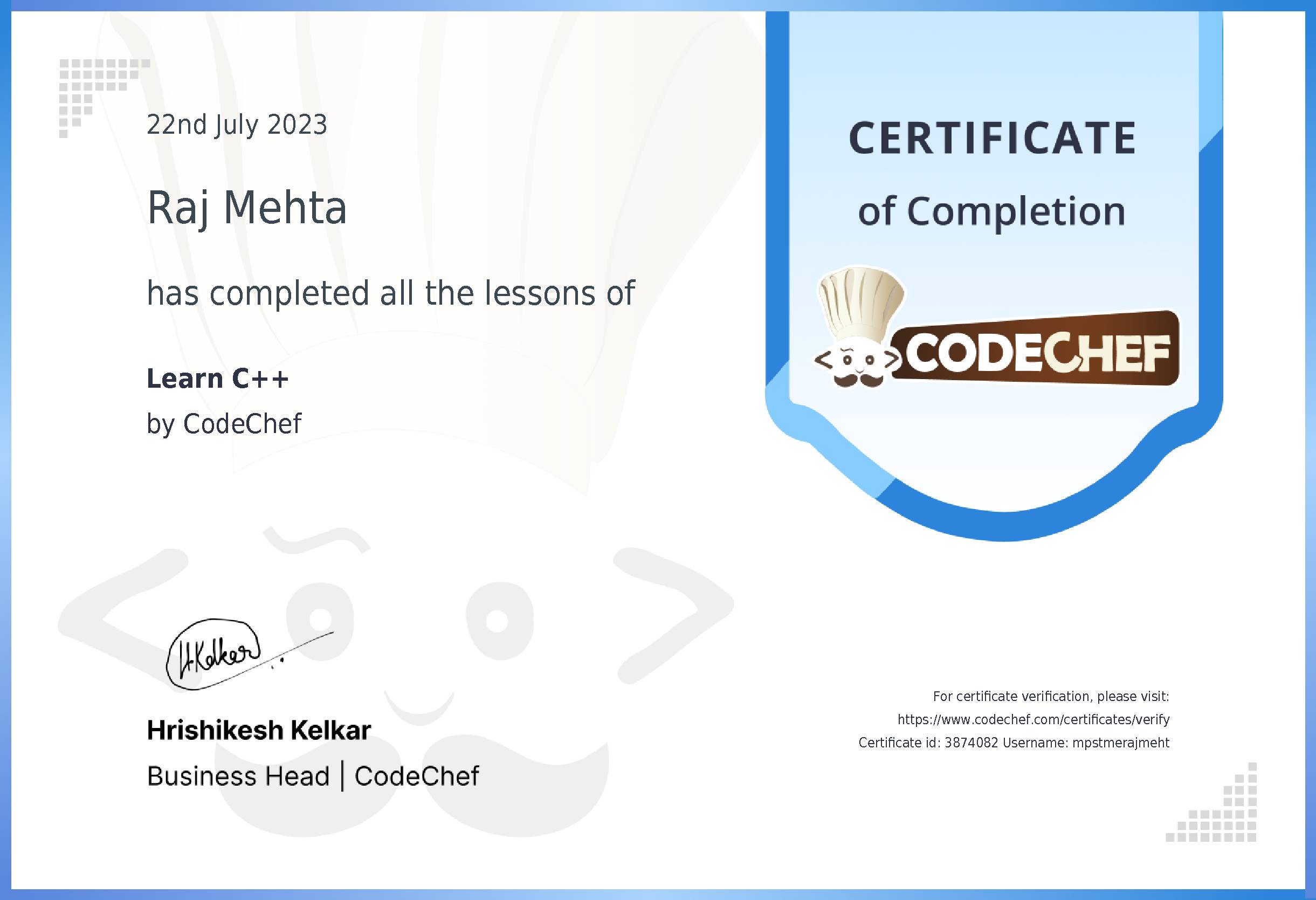 Awarded to Raj Mehta for completing <a href='/learn/course/cpp'>Learn C++</a>