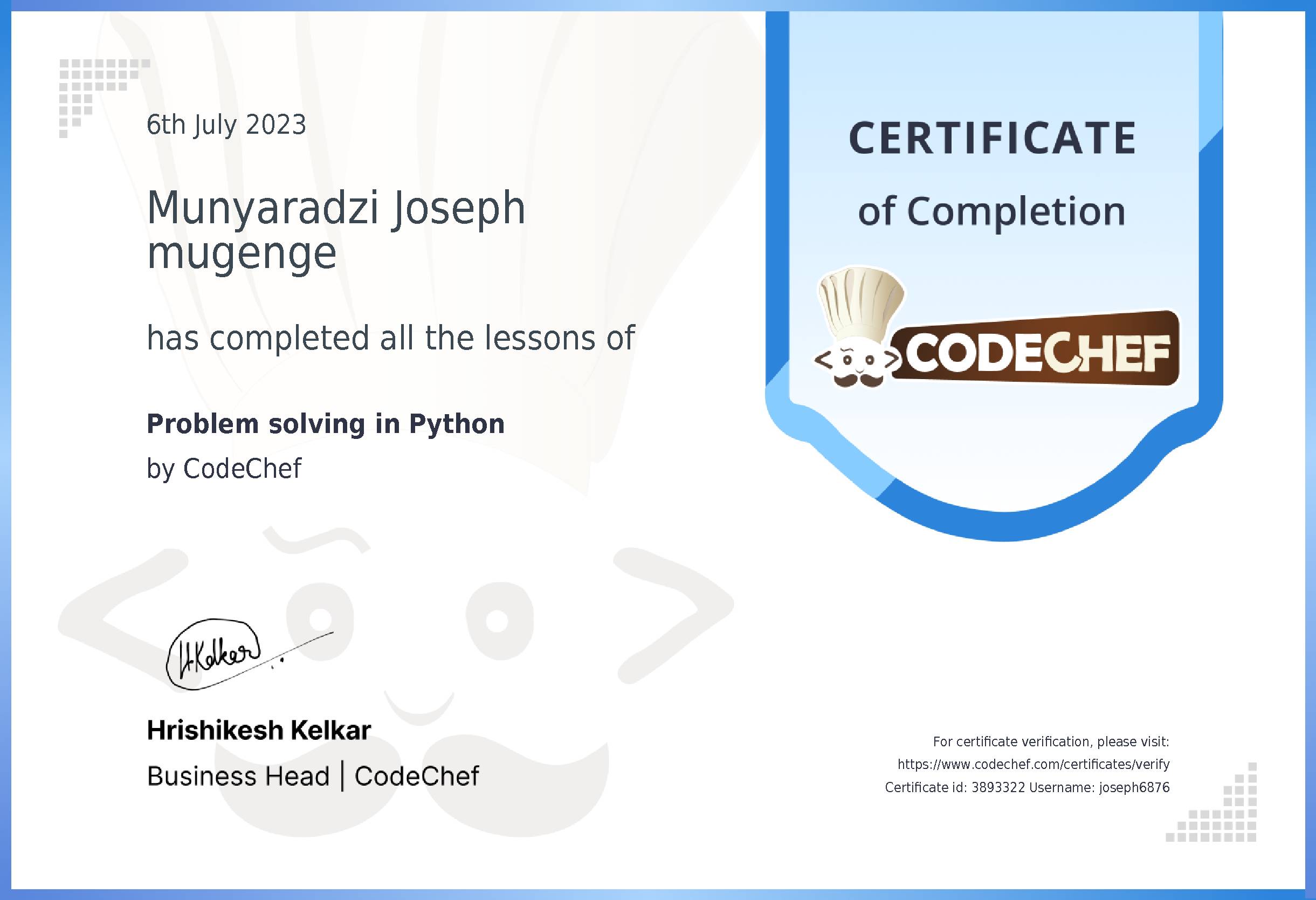 Awarded to Munyaradzi Joseph mugenge for completing <a href='/learn/course/python-beginner-v2-p1'>Python for problem solving - 1</a>