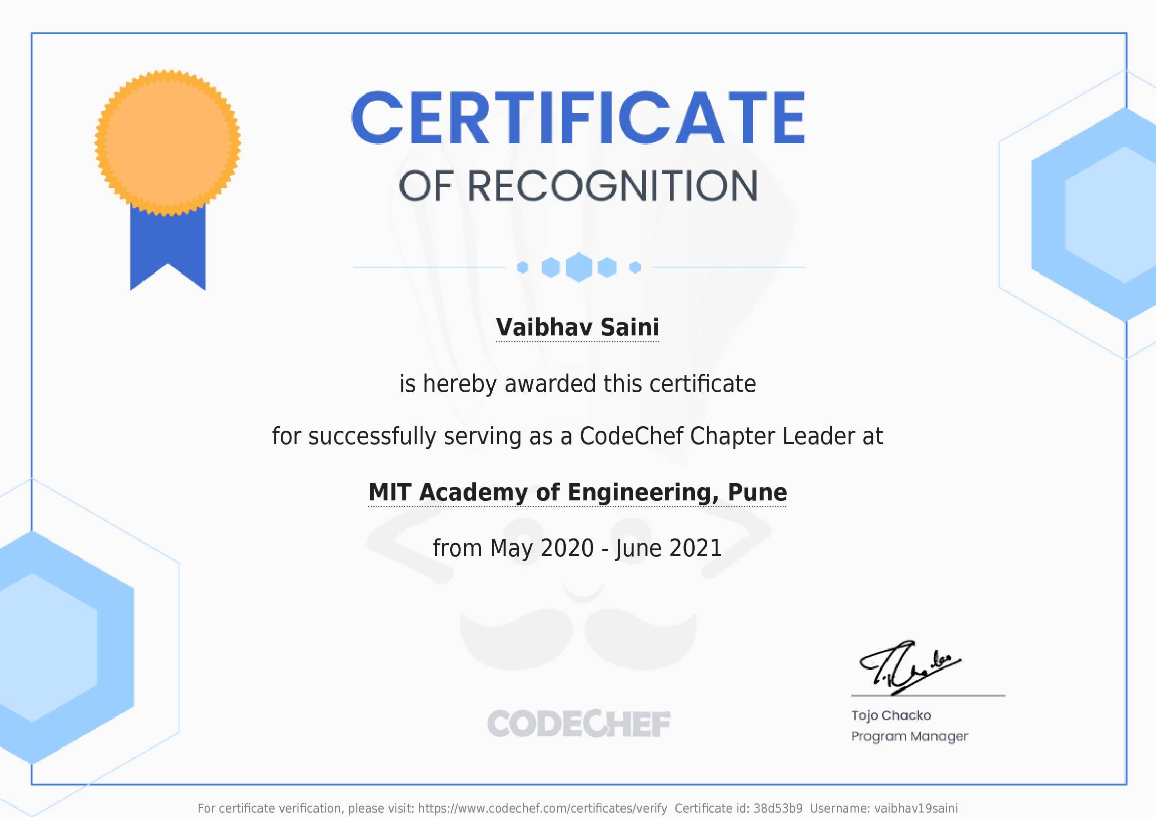 Awarded to Vaibhav Saini