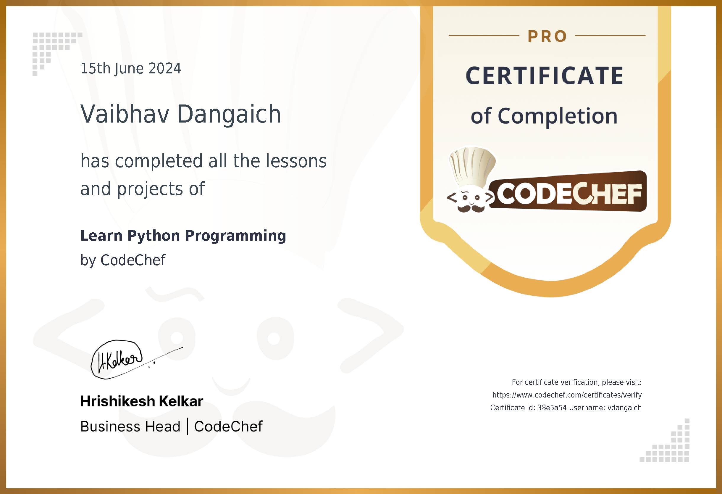 Awarded to Vaibhav Dangaich for completing <a href='/learn/course/python'>Learn Python</a>