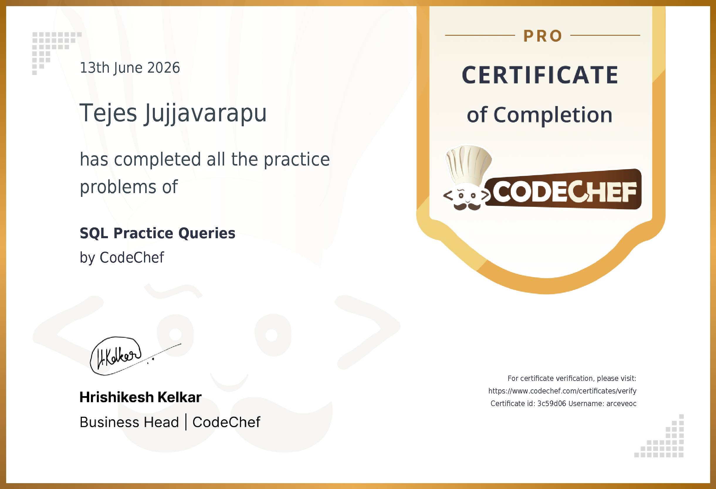 Awarded to Tejes Jujjavarapu for completing <a href='/practice/sql-case-studies-topic-wise'>SQL Practice Queries</a>
