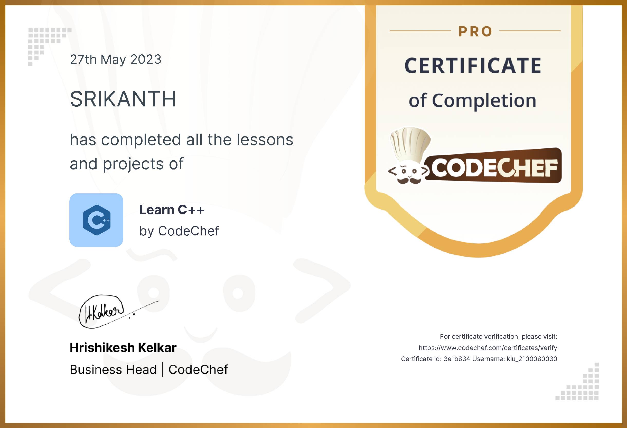 Awarded to SRIKANTH for completing <a href='/learn/course/cpp-old'>Learn C++ - Pro</a>