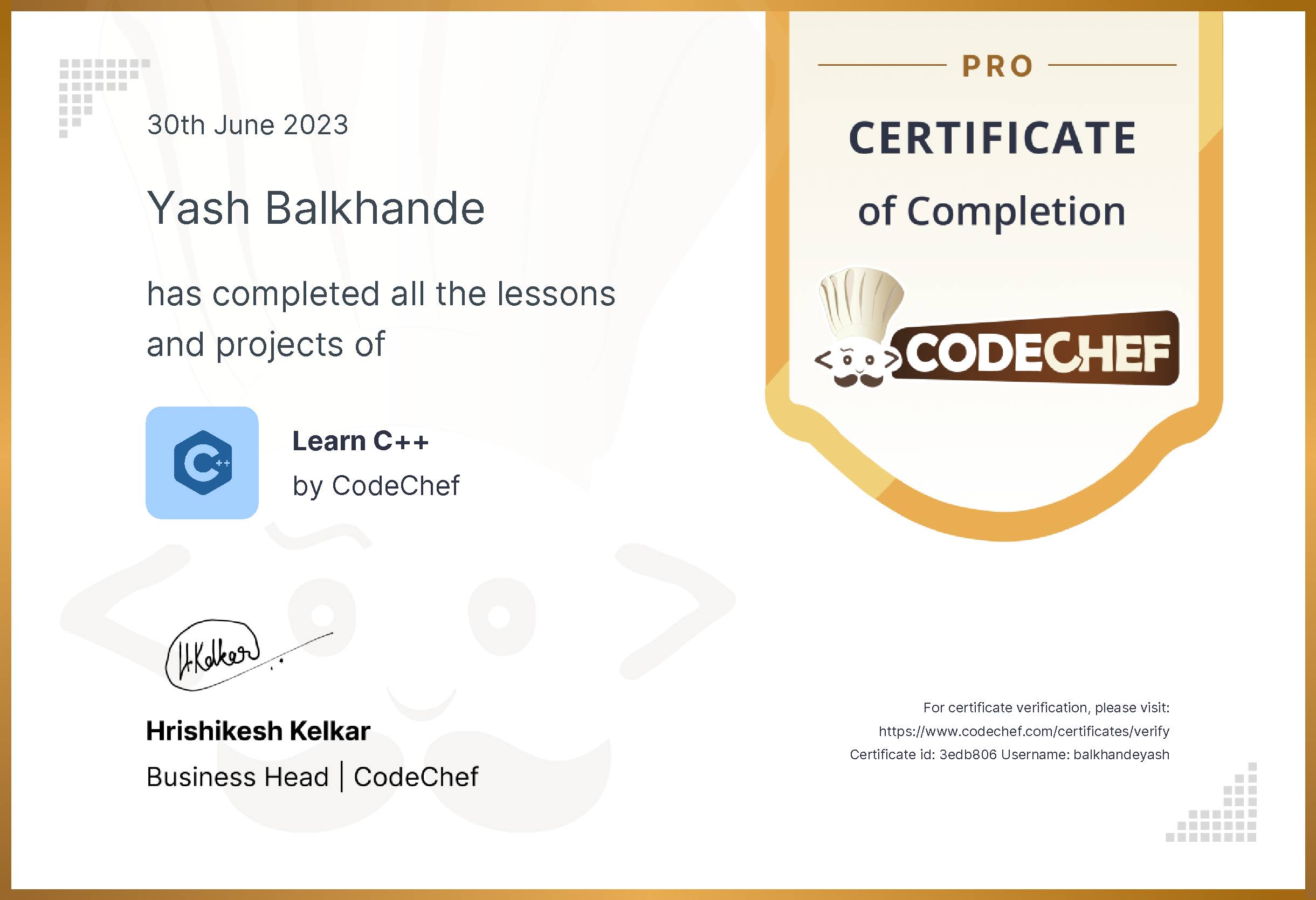Awarded to Yash Balkhande for completing <a href='/learn/course/cpp-old'>Learn C++ - Pro</a>