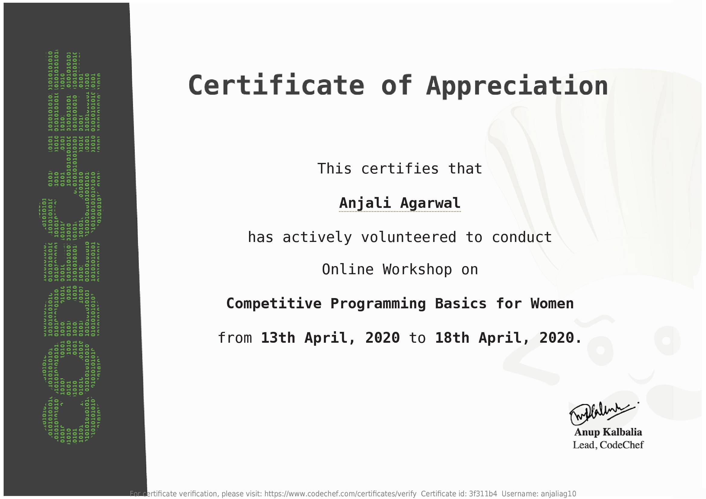 Awarded to Anjali Agarwal