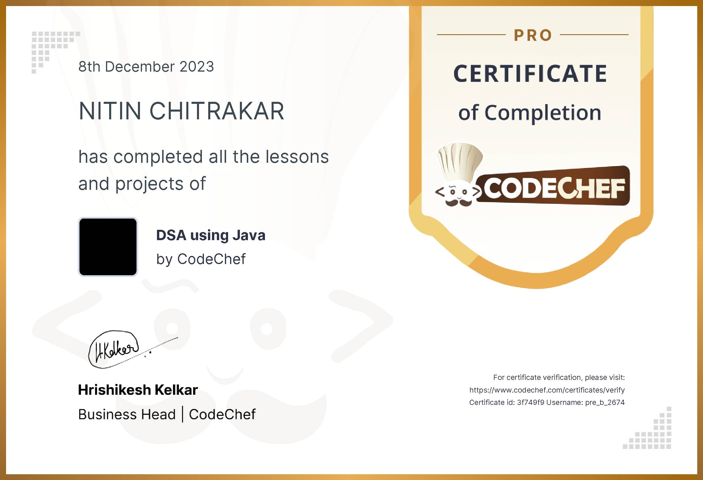 Awarded to NITIN CHITRAKAR for completing <a href='/learn/course/pdsaj'>DSA using Java</a>