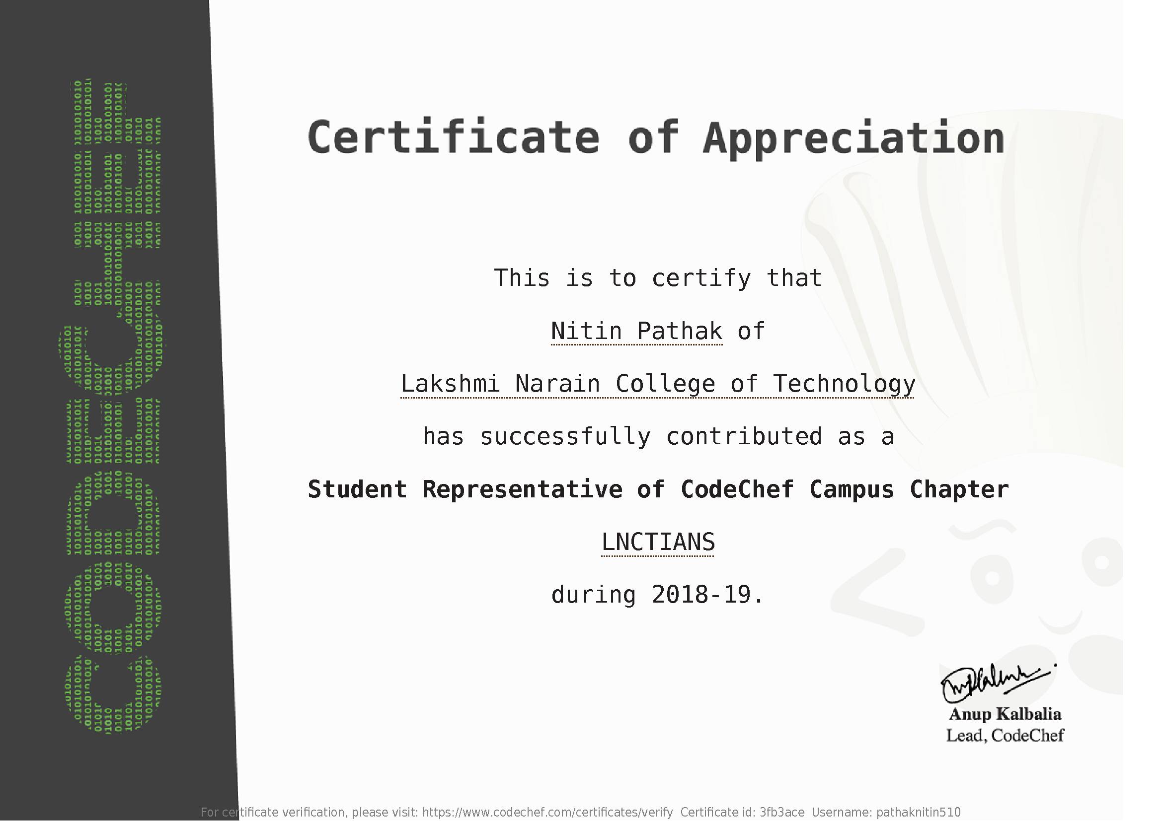 Awarded to Nitin Pathak