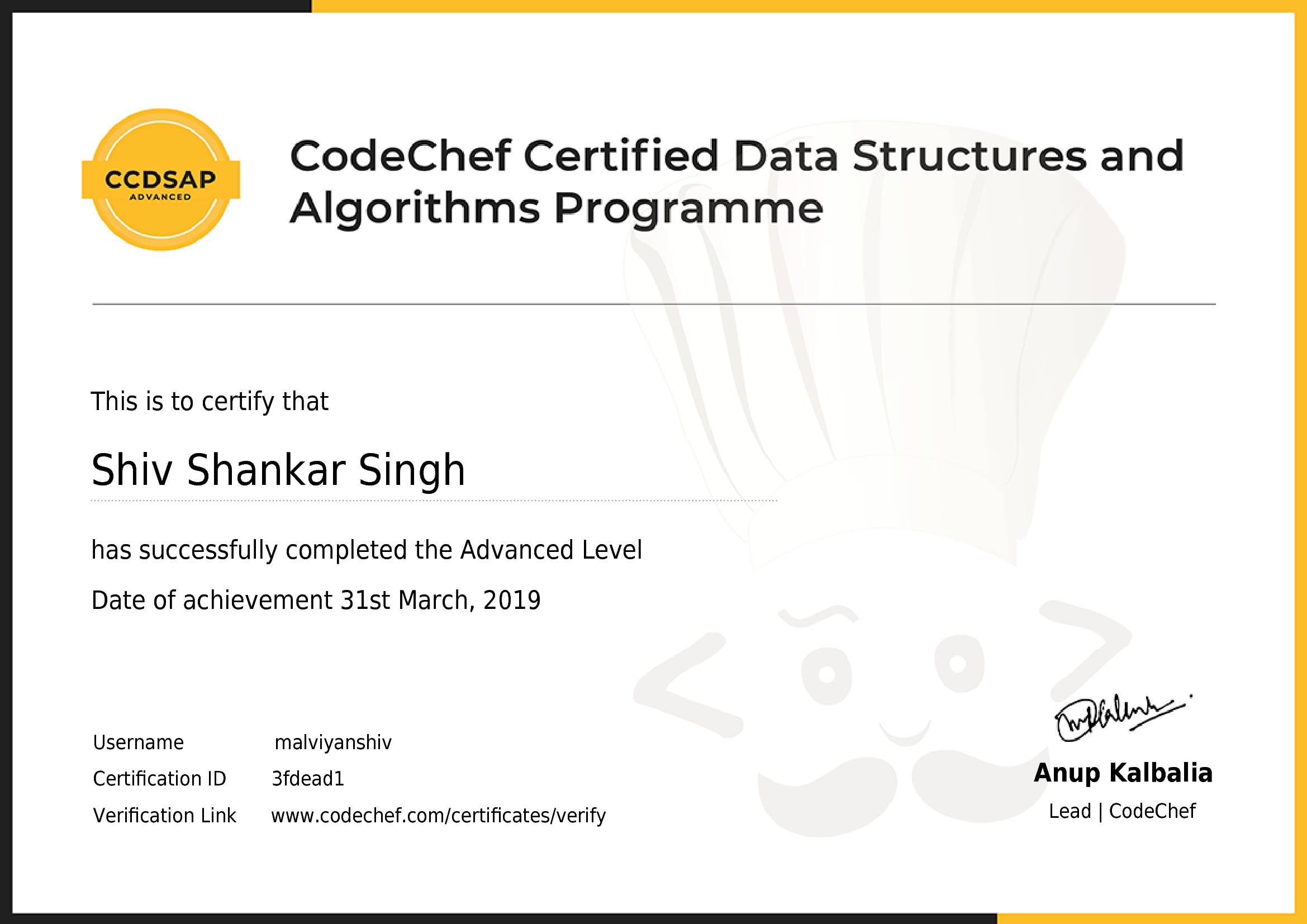 Awarded to Shiv Shankar Singh