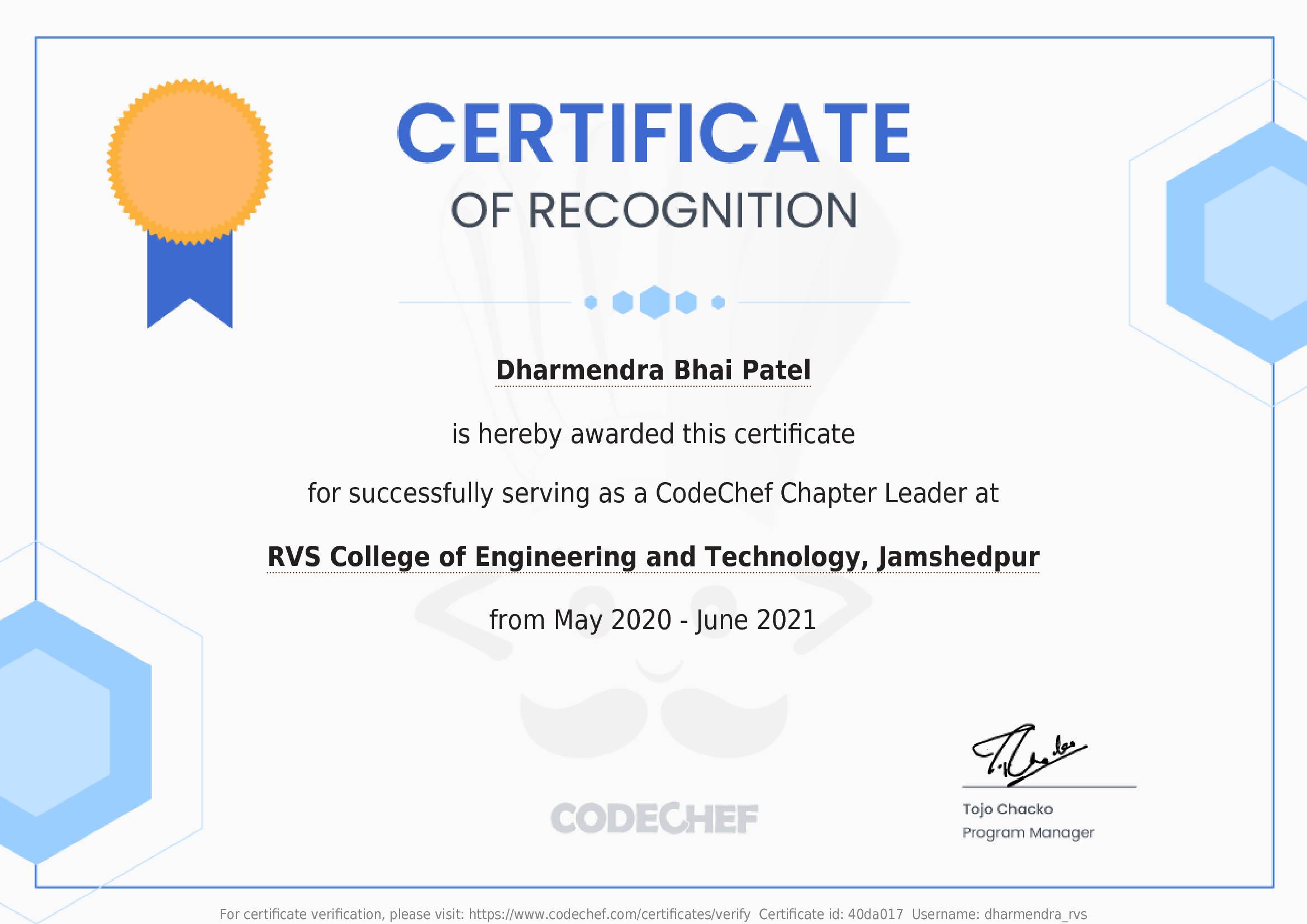 Awarded to Dharmendra Bhai Patel