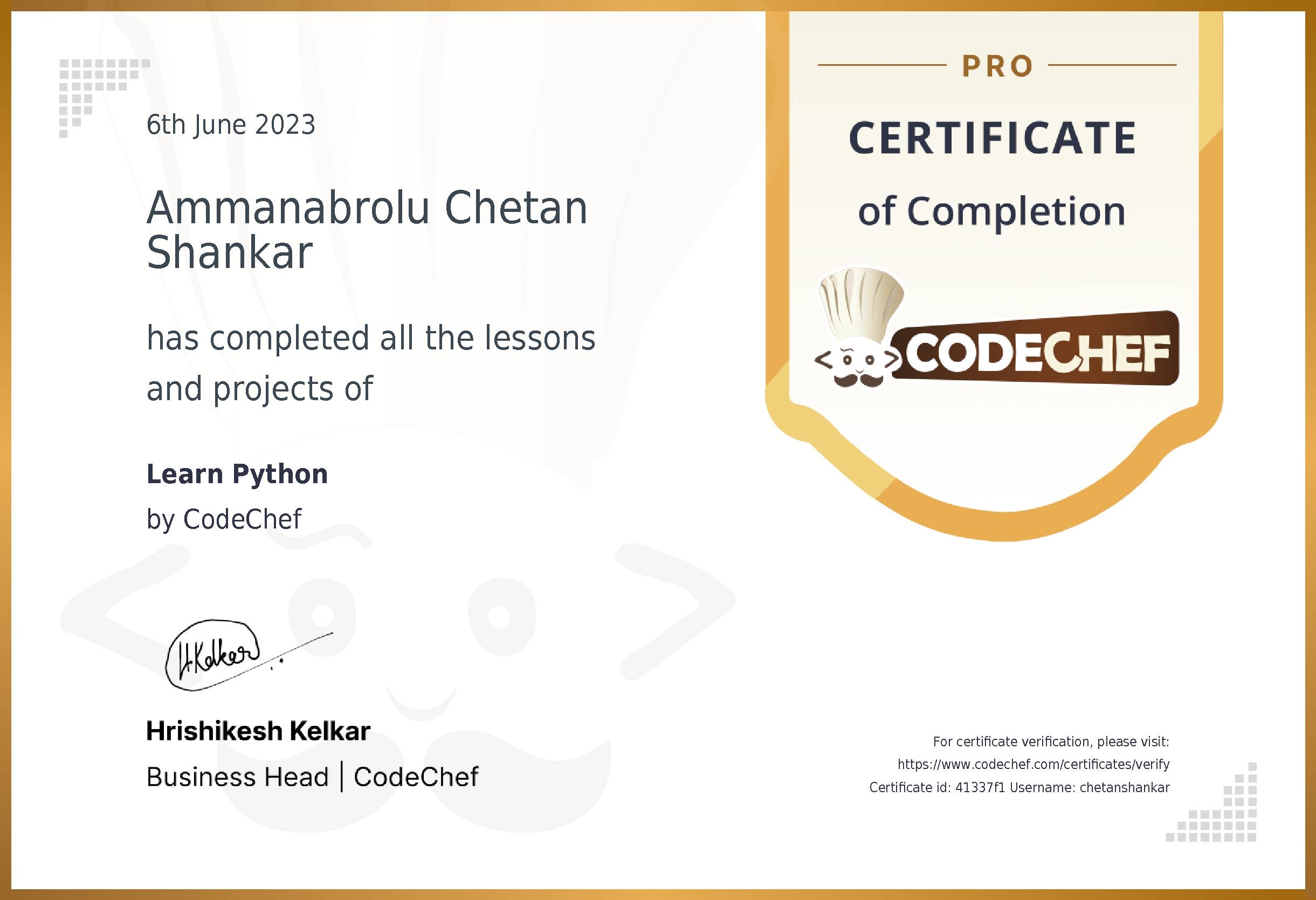 Awarded to Ammanabrolu Chetan Shankar for completing <a href='/learn/course/python-old'>Learn Python - Pro</a>