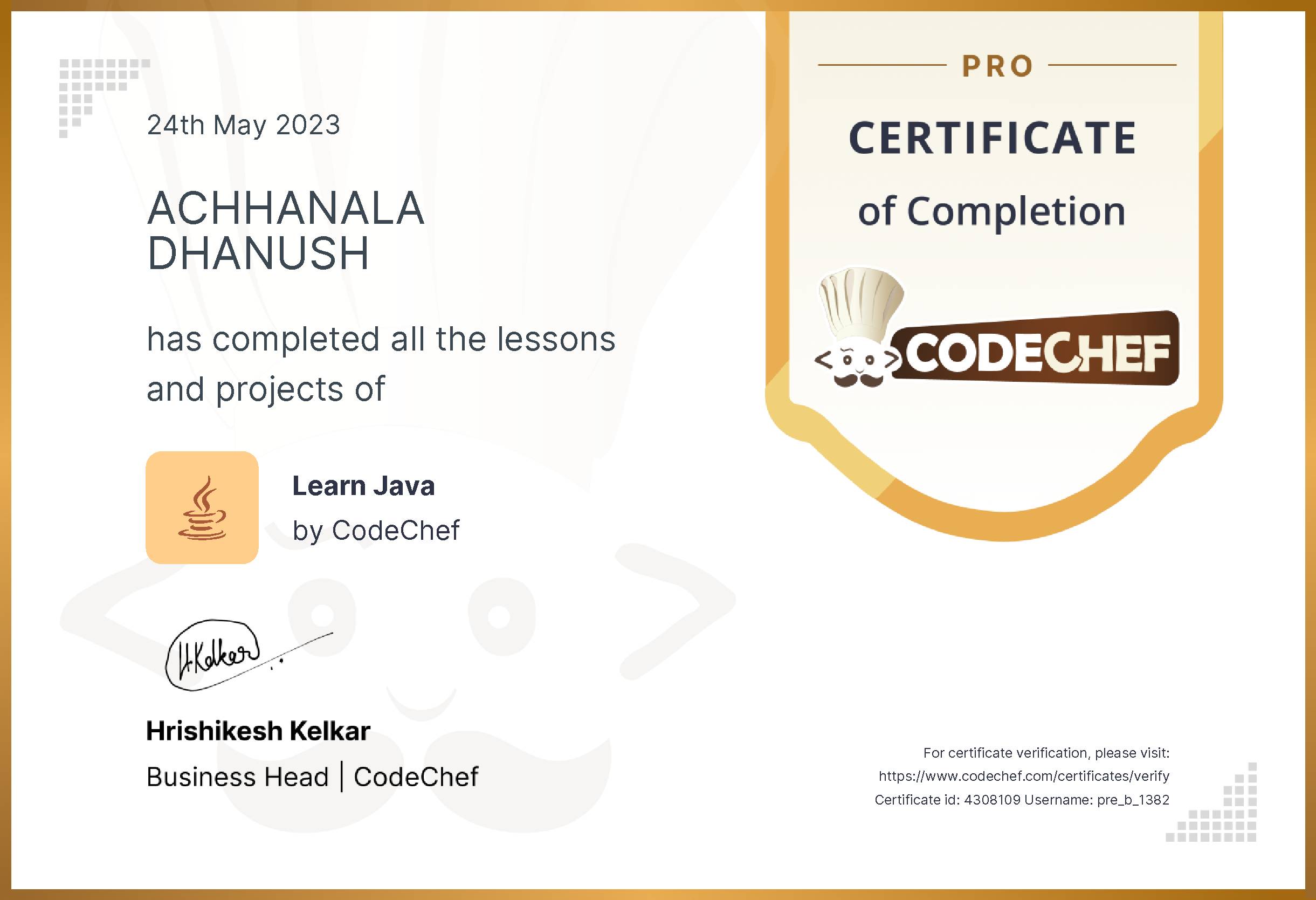 Awarded to ACHHANALA DHANUSH for completing <a href='/learn/course/java-old'>Learn Java - Pro</a>