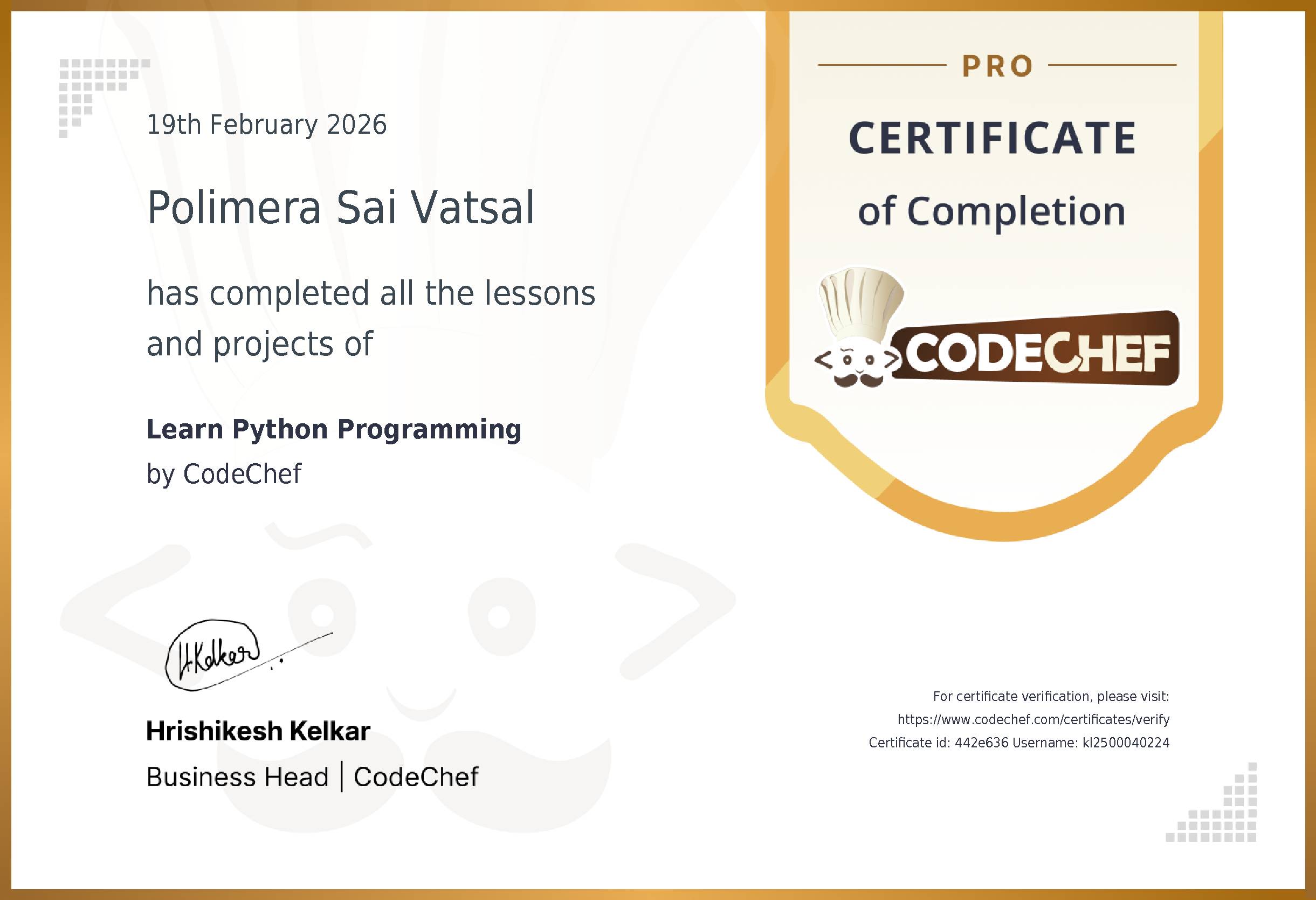Awarded to Polimera Sai Vatsal for completing <a href='/learn/course/python'>Learn Python Programming</a>