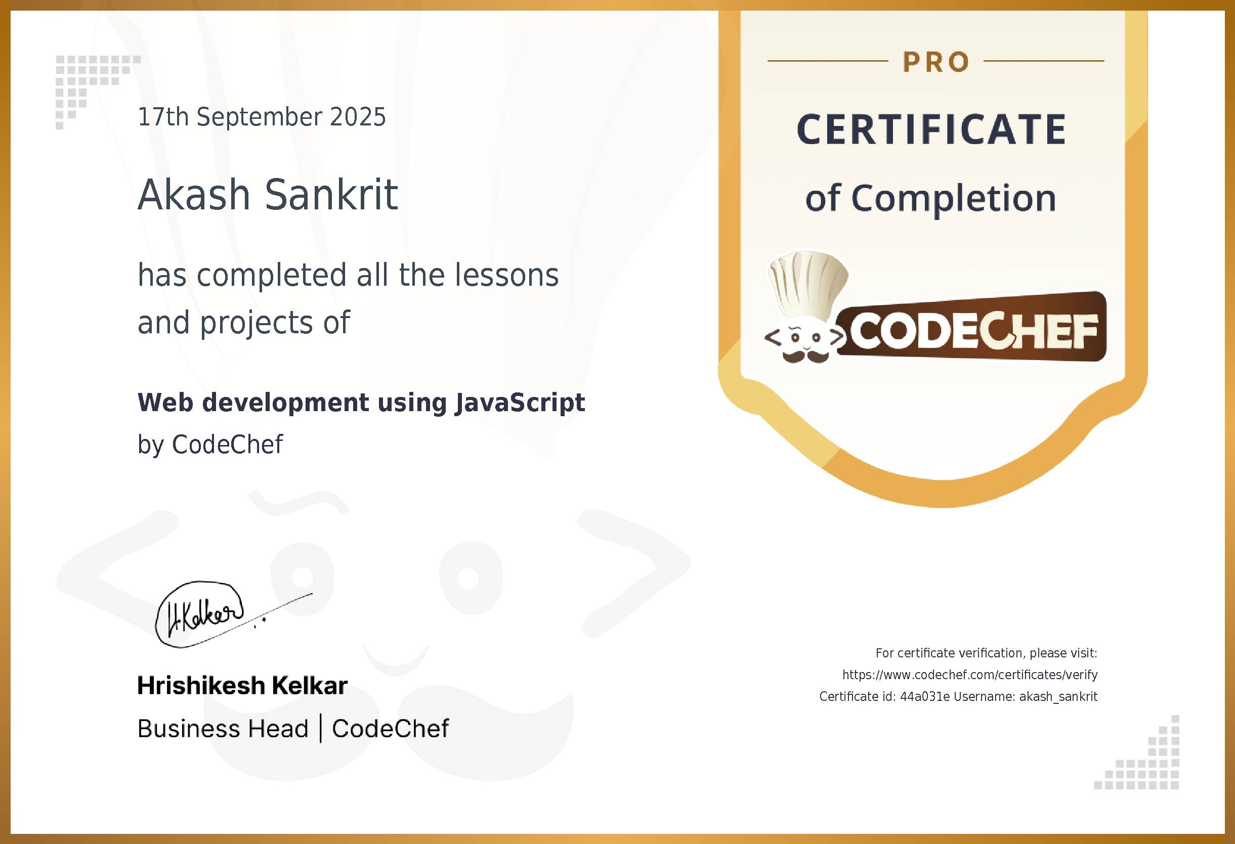 Awarded to Akash Sankrit  for completing <a href='/learn/course/web-dev-js-old-2025'>Web development using JavaScript</a>