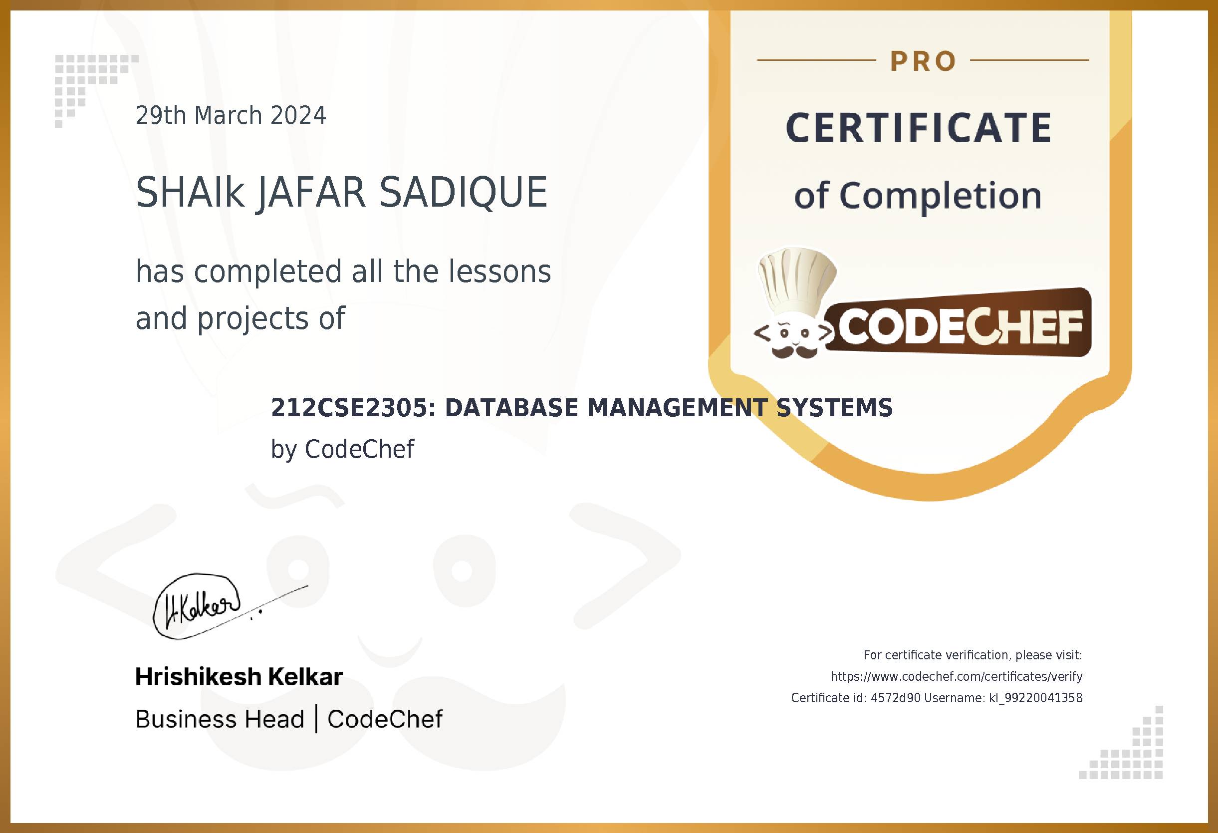 Awarded to SHAIk JAFAR SADIQUE for completing <a href='/learn/course/kl-dbms-cs'>212CSE2305: DATABASE MANAGEMENT SYSTEMS</a>