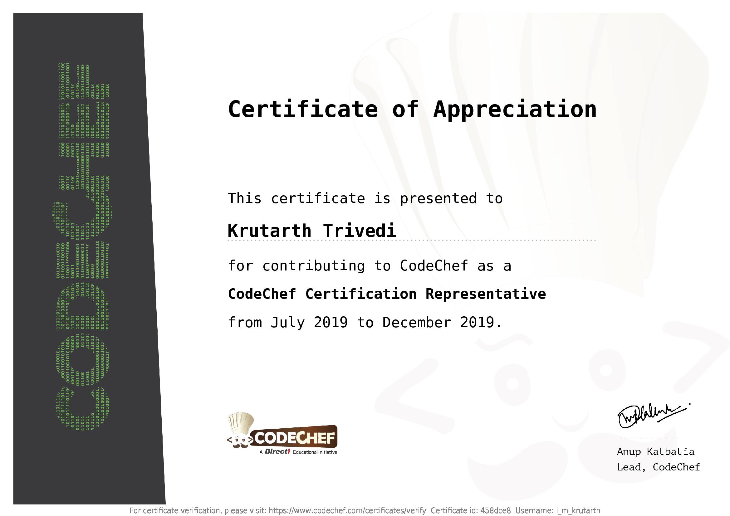 Awarded to Krutarth Trivedi