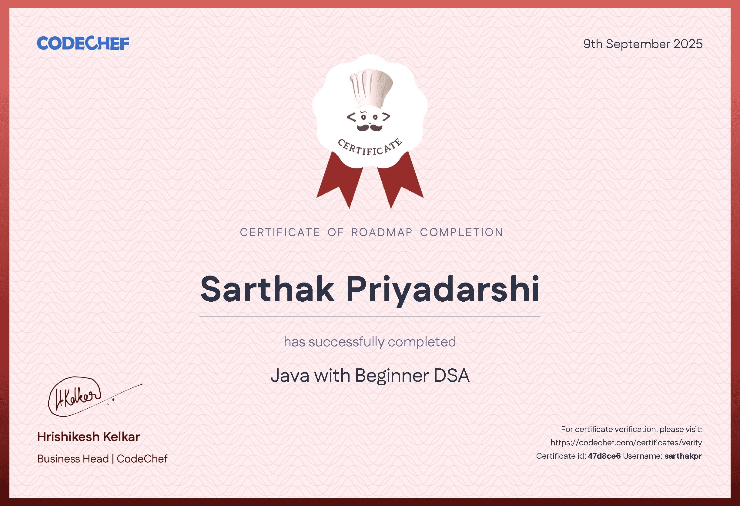 Awarded to Sarthak Priyadarshi