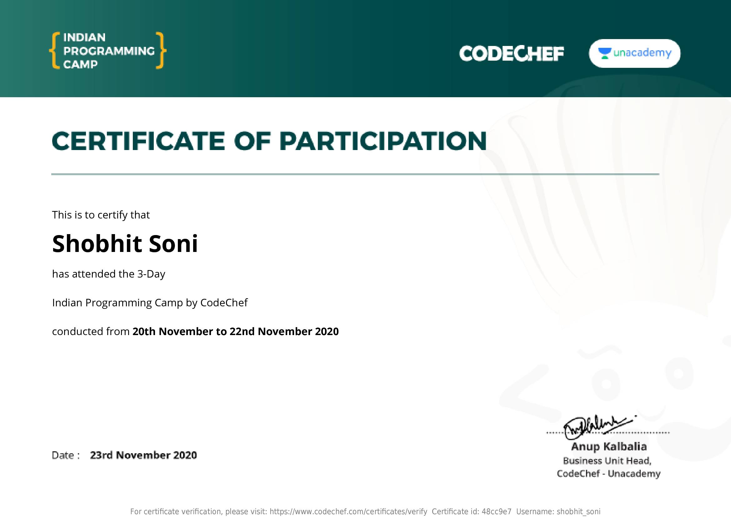 Awarded to Shobhit Soni