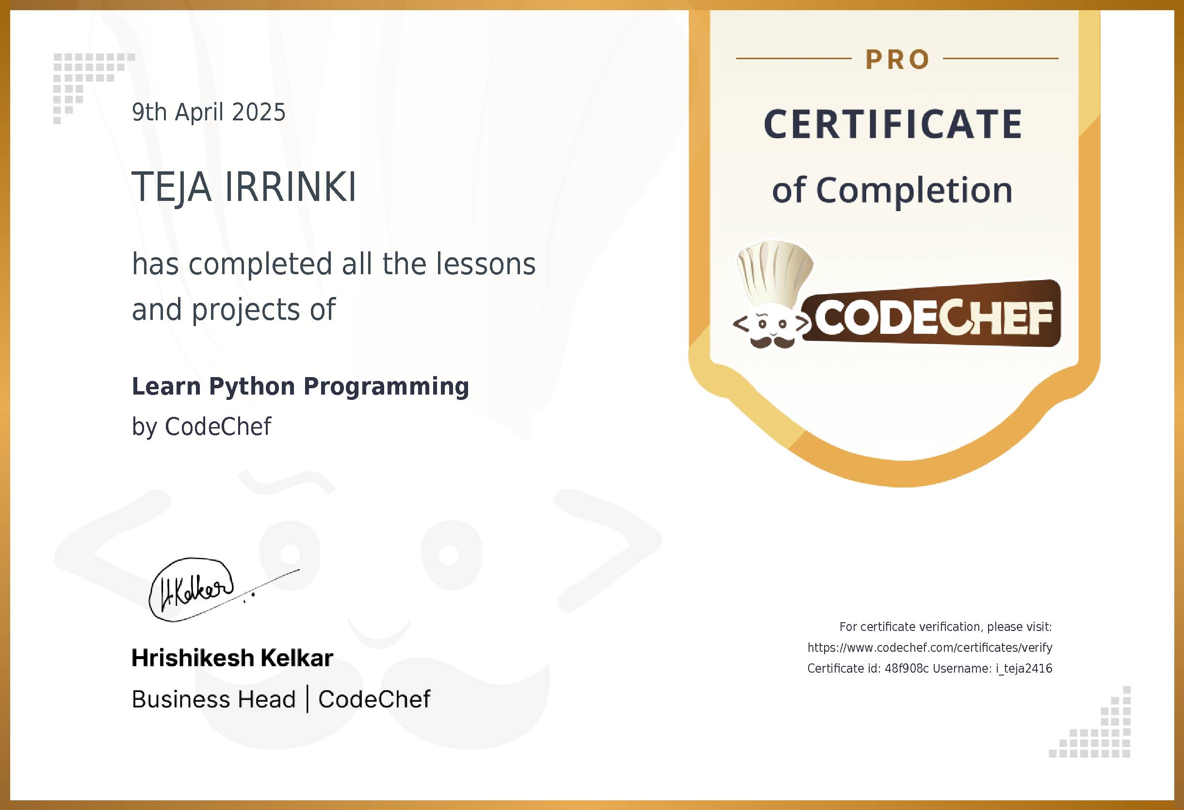 Awarded to TEJA IRRINKI for completing <a href='/learn/course/python'>Learn Python Programming</a>