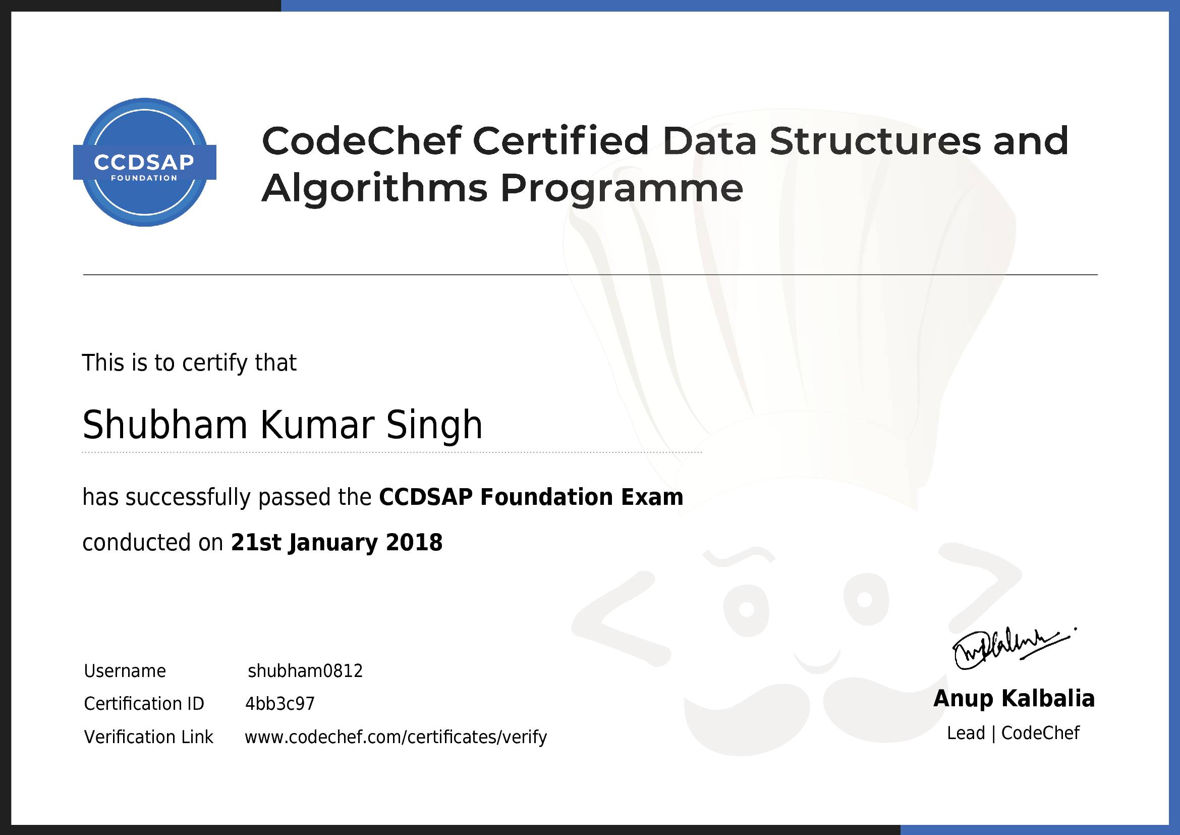 Awarded to Shubham Kumar Singh