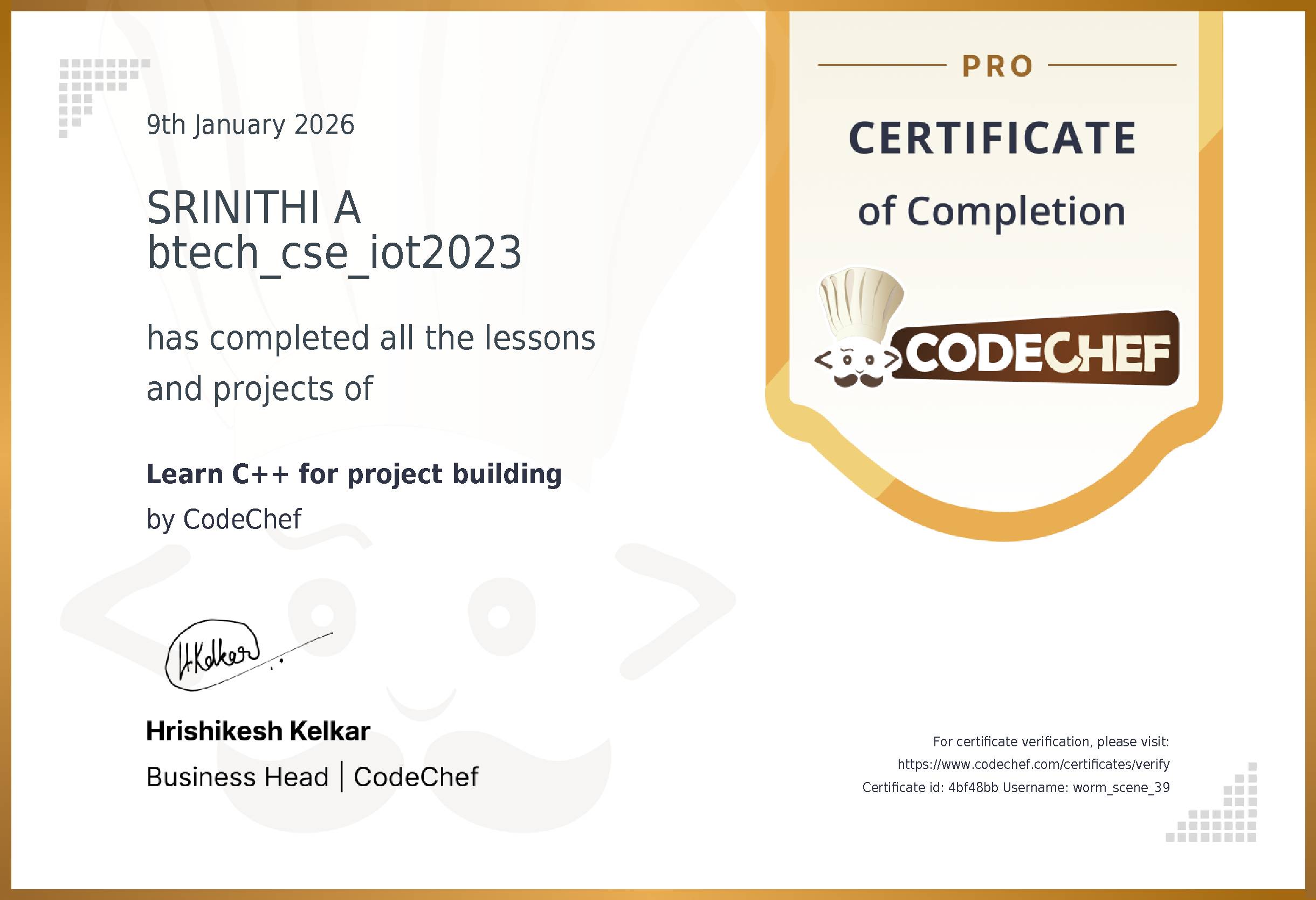 Awarded to SRINITHI A btech_cse_iot2023 for completing <a href='/learn/course/cpp-development'>Learn C++ for project building</a>
