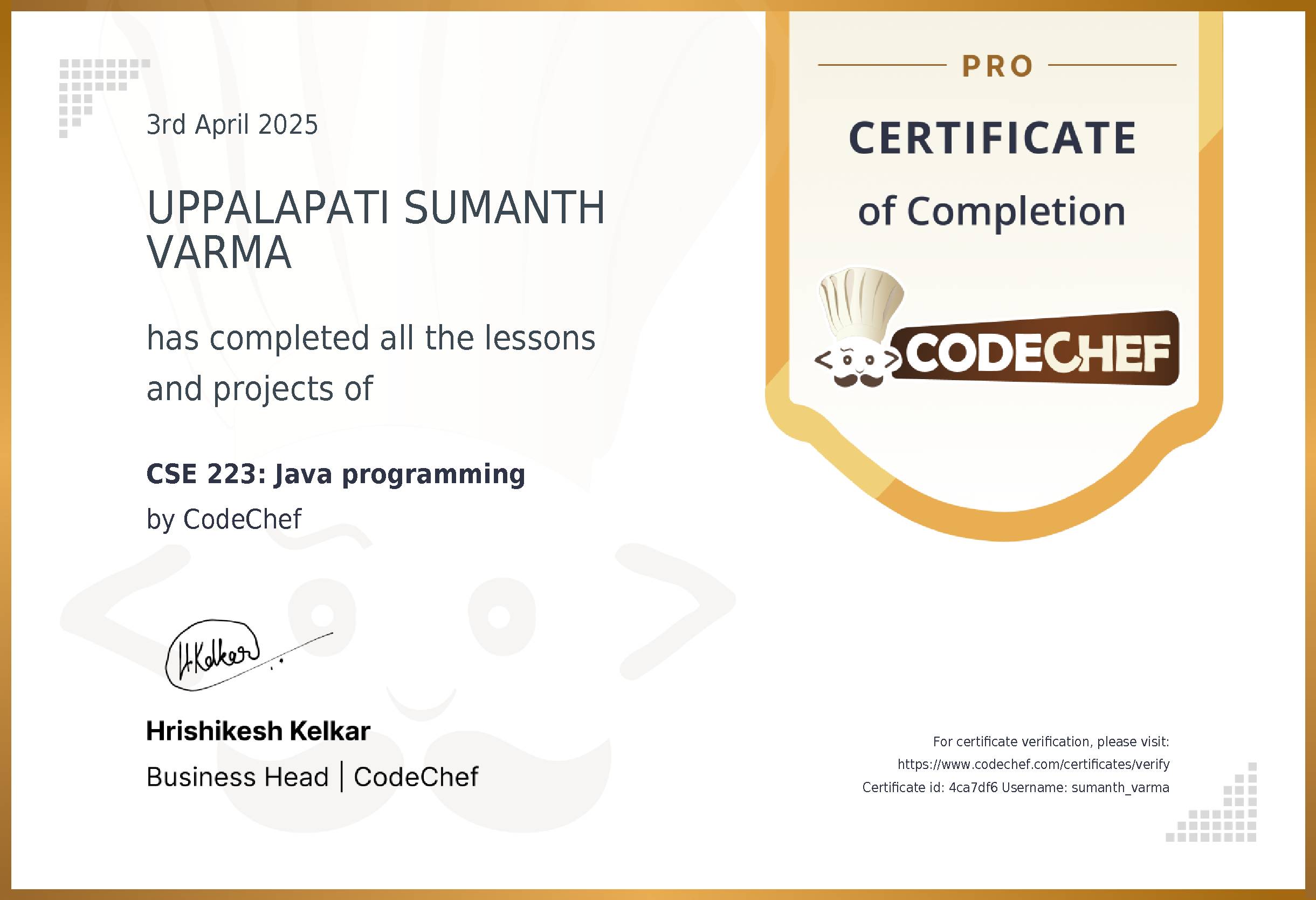 Awarded to UPPALAPATI SUMANTH VARMA for completing <a href='/learn/course/ciet-oops-java-2025'>CSE 223: Java programming</a>