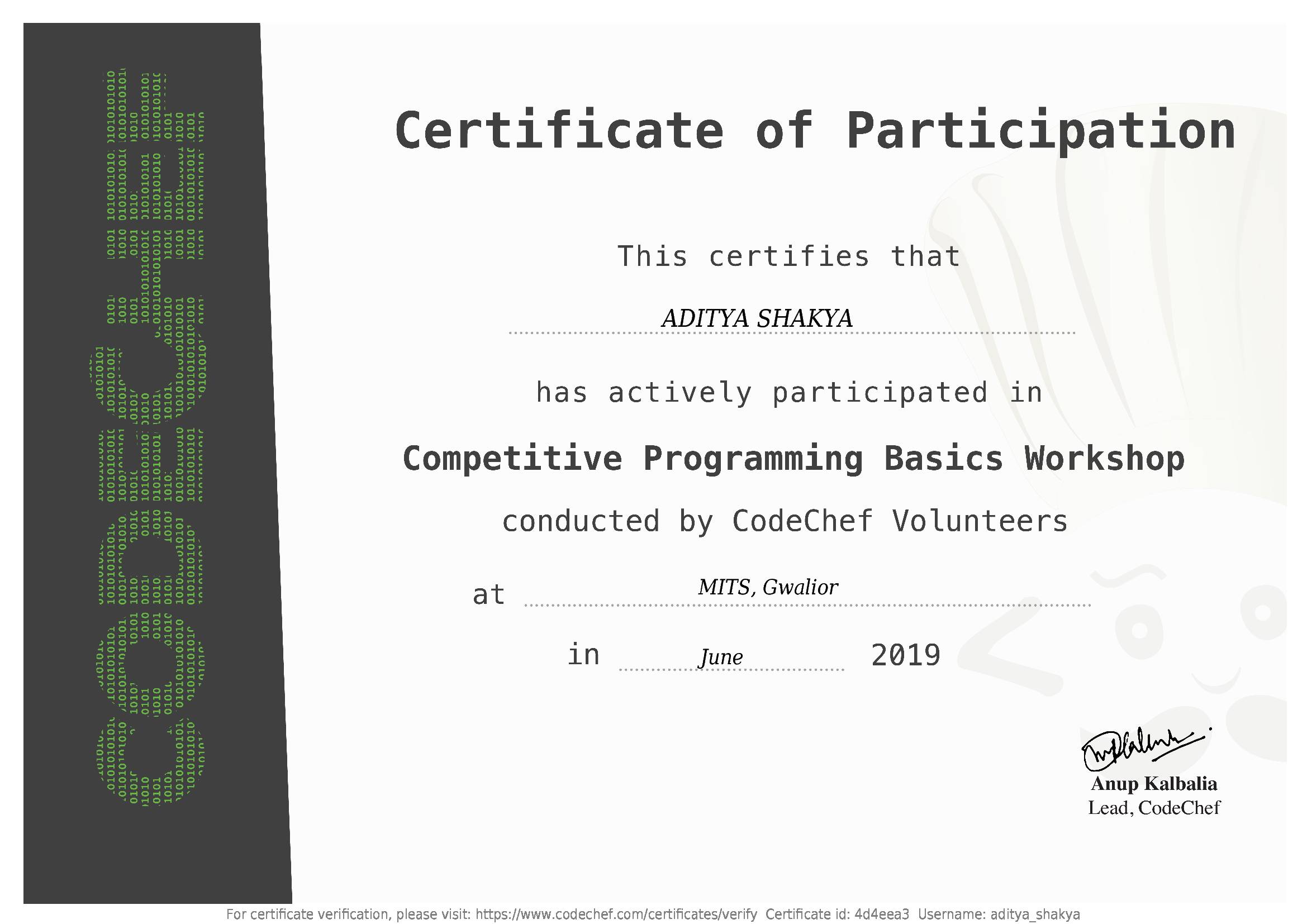 Awarded to ADITYA SHAKYA