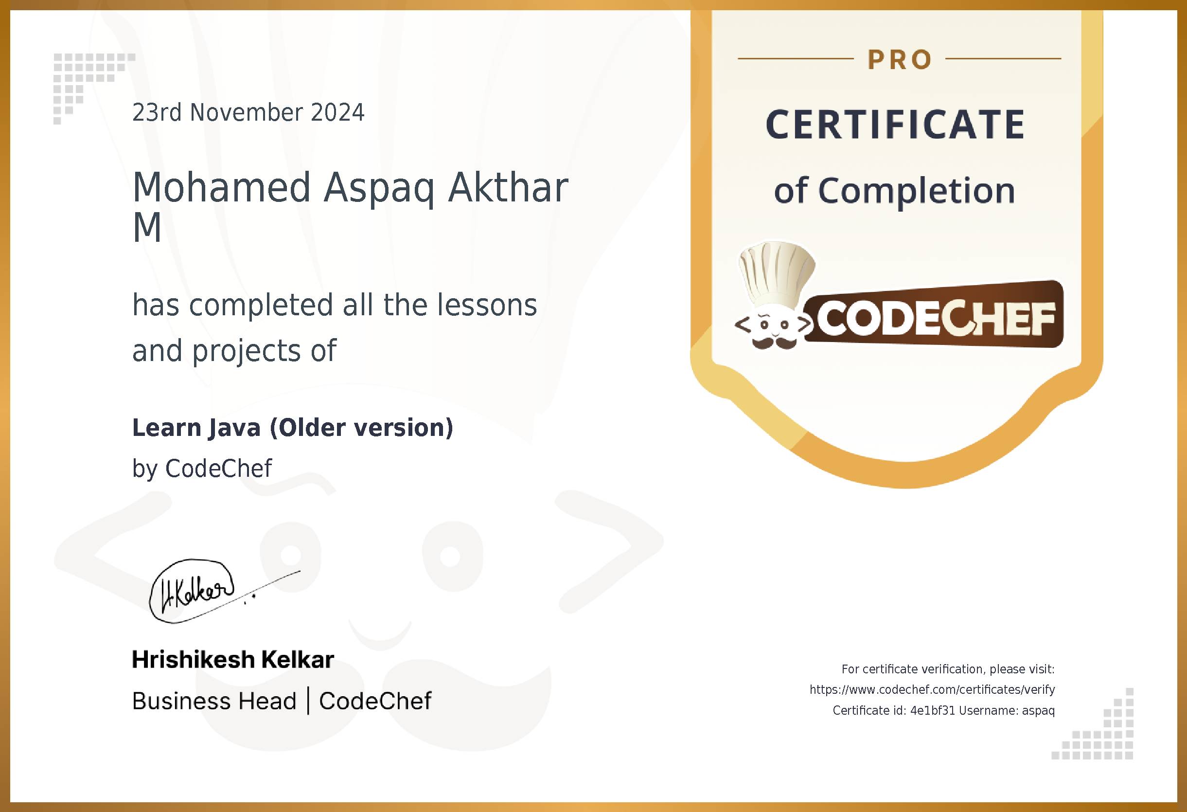 Awarded to Mohamed Aspaq Akthar M for completing <a href='/learn/course/java-previous'>Learn Java</a>