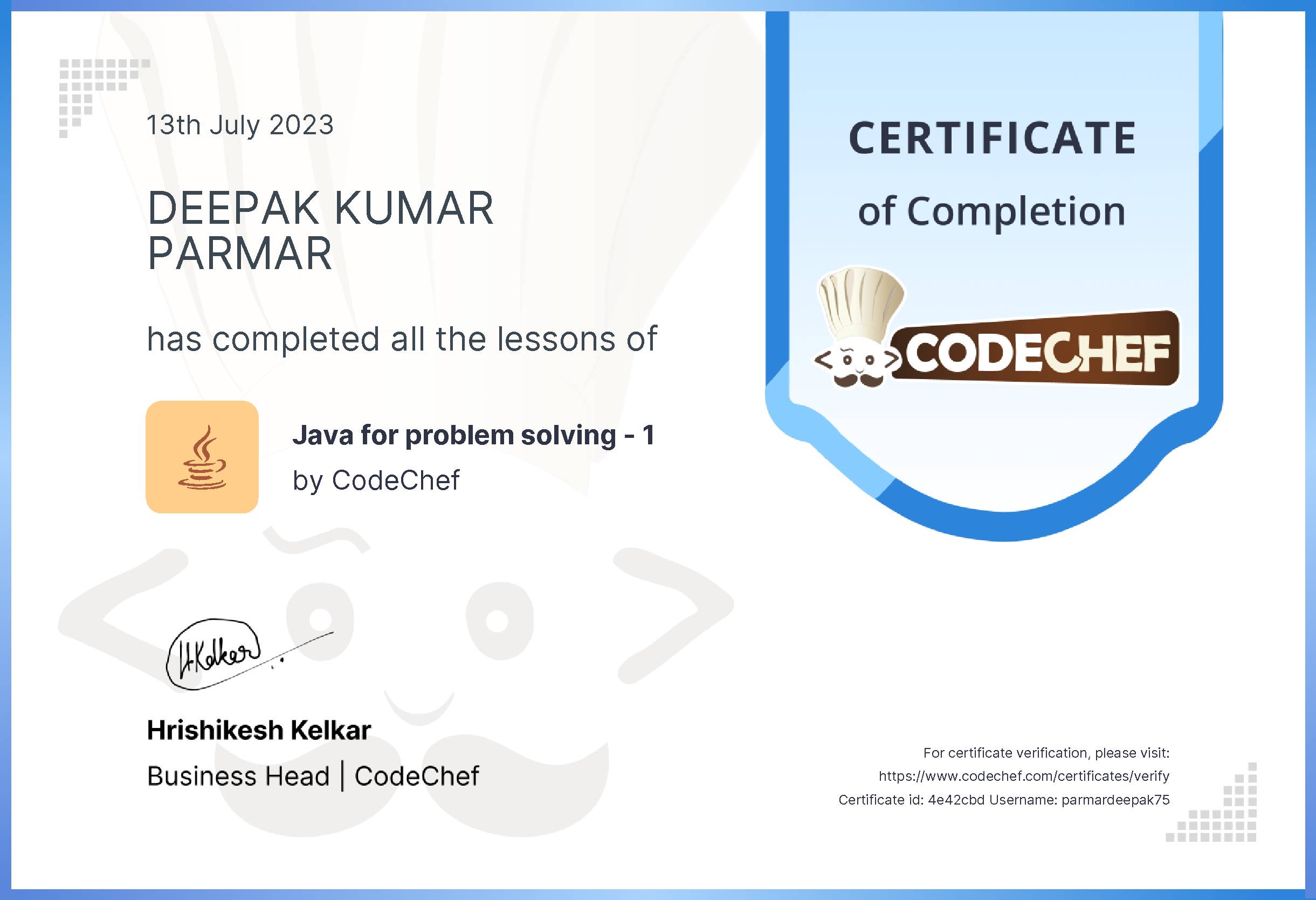 Awarded to DEEPAK KUMAR PARMAR 