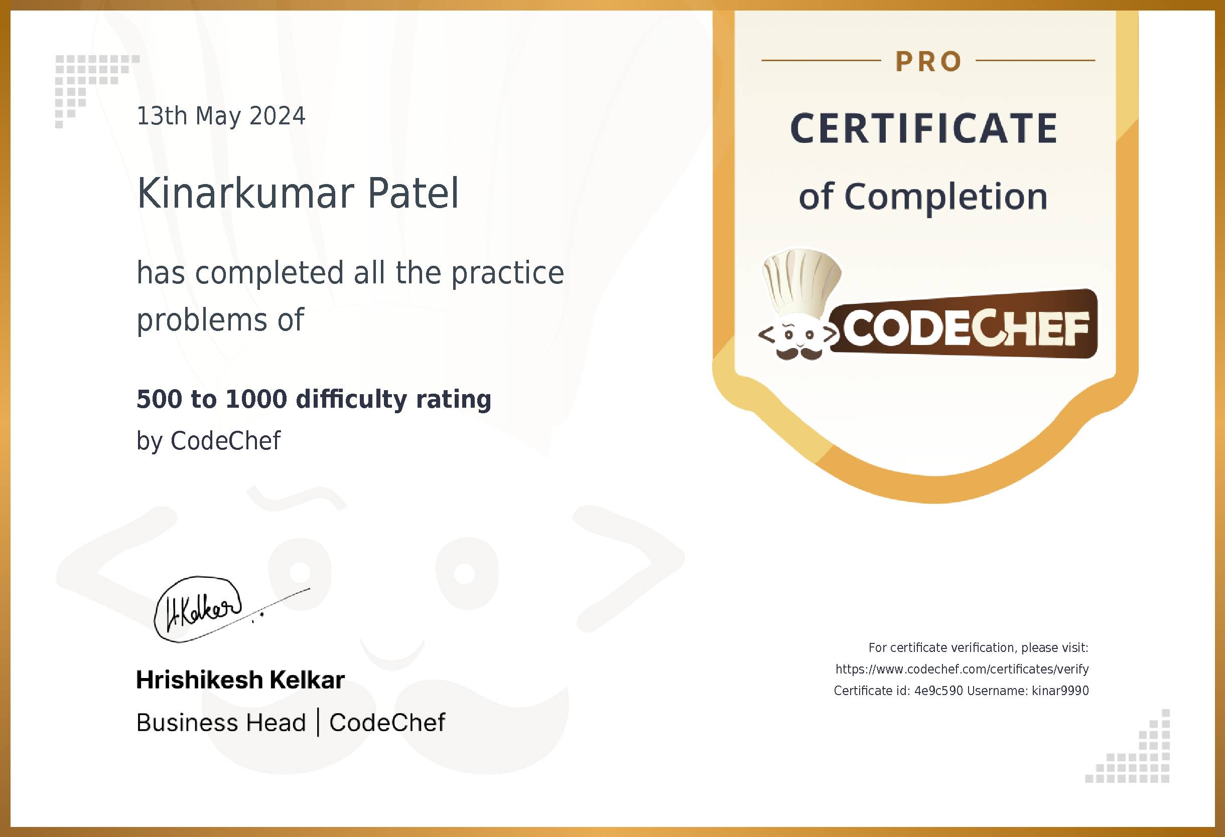 Awarded to Kinarkumar Patel for completing <a href='/practice/logical-problems'>500 to 1000 difficulty rating</a>