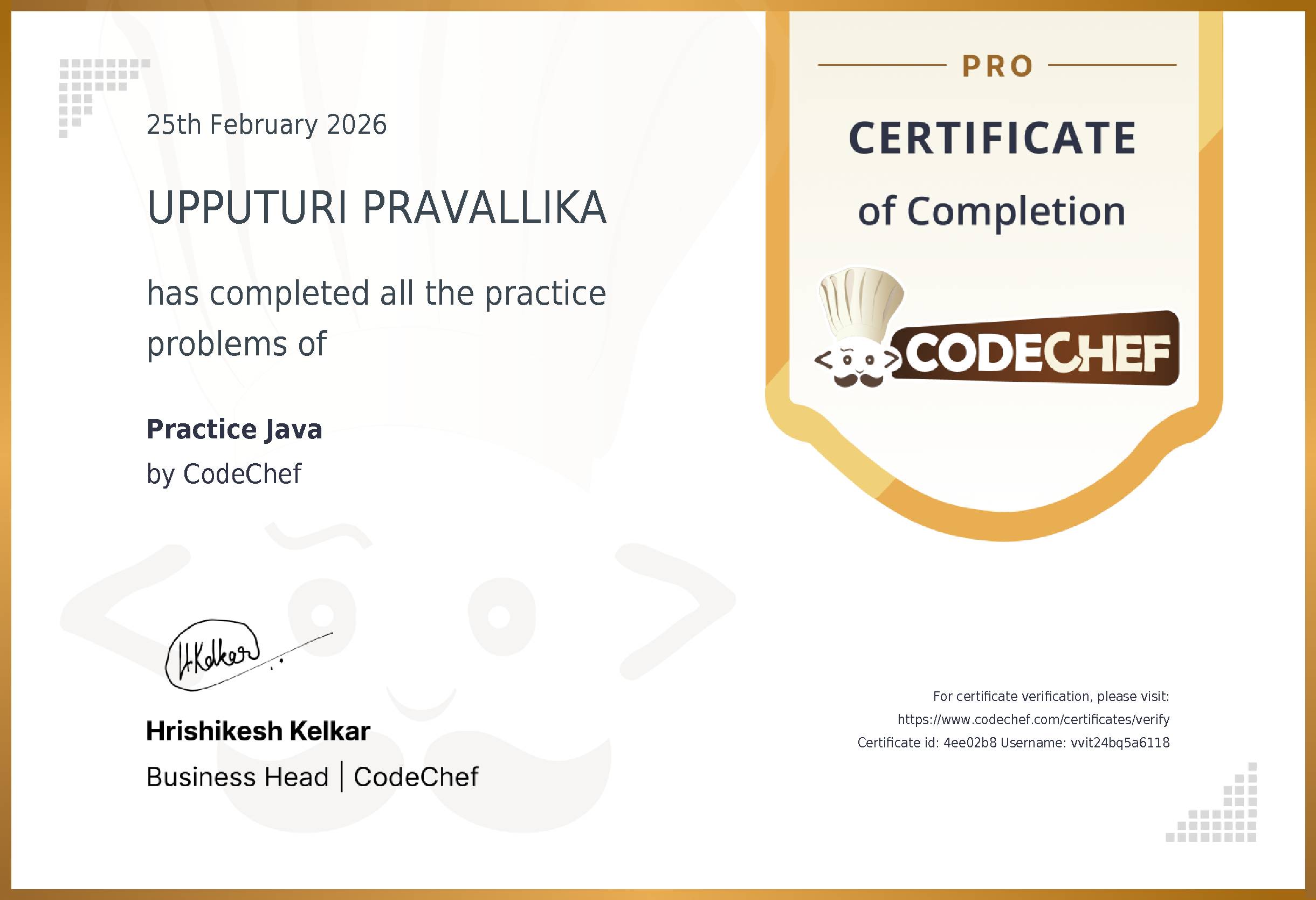 Awarded to UPPUTURI PRAVALLIKA for completing <a href='/practice/java'>Practice Java</a>