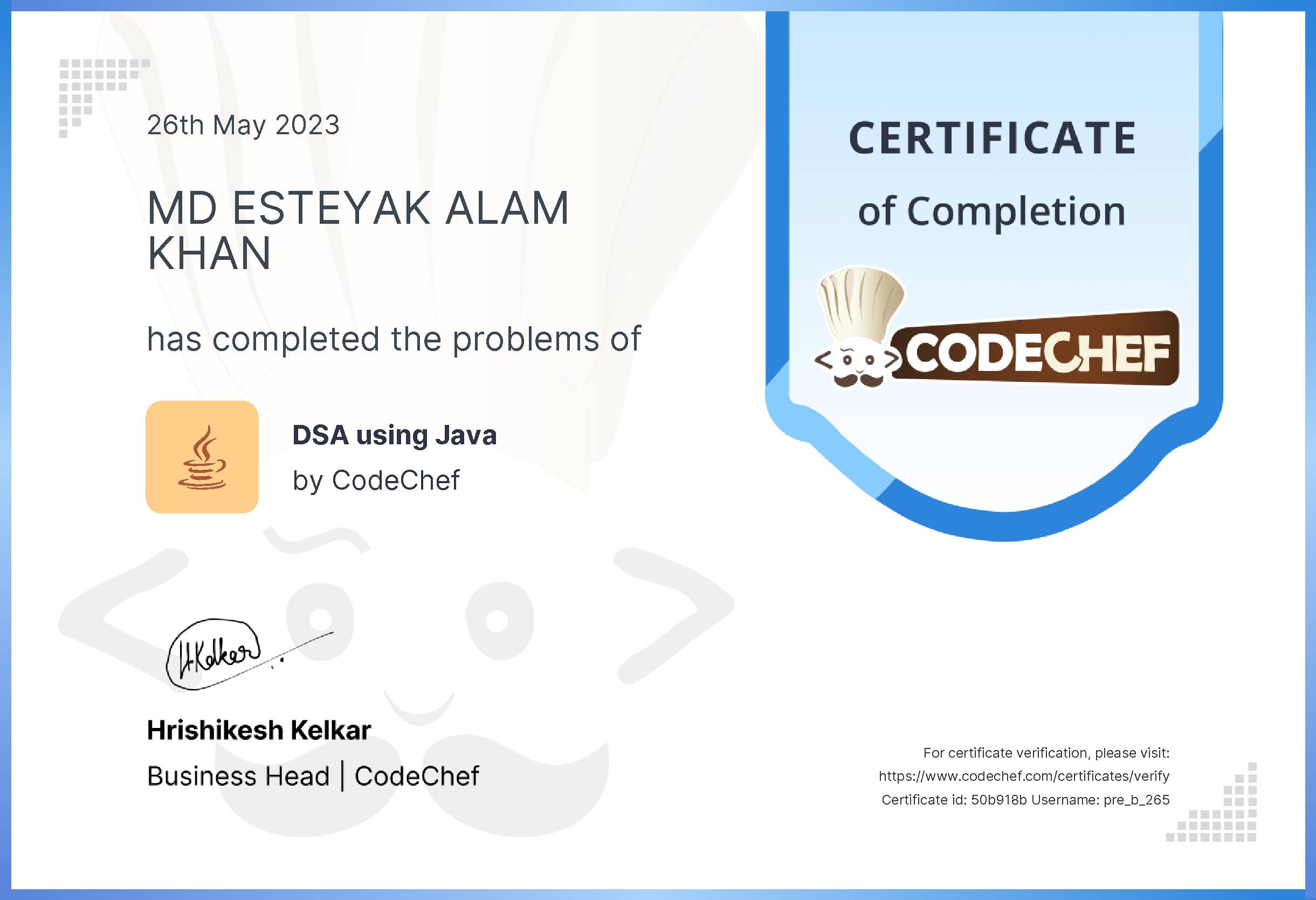 Awarded to MD ESTEYAK ALAM KHAN