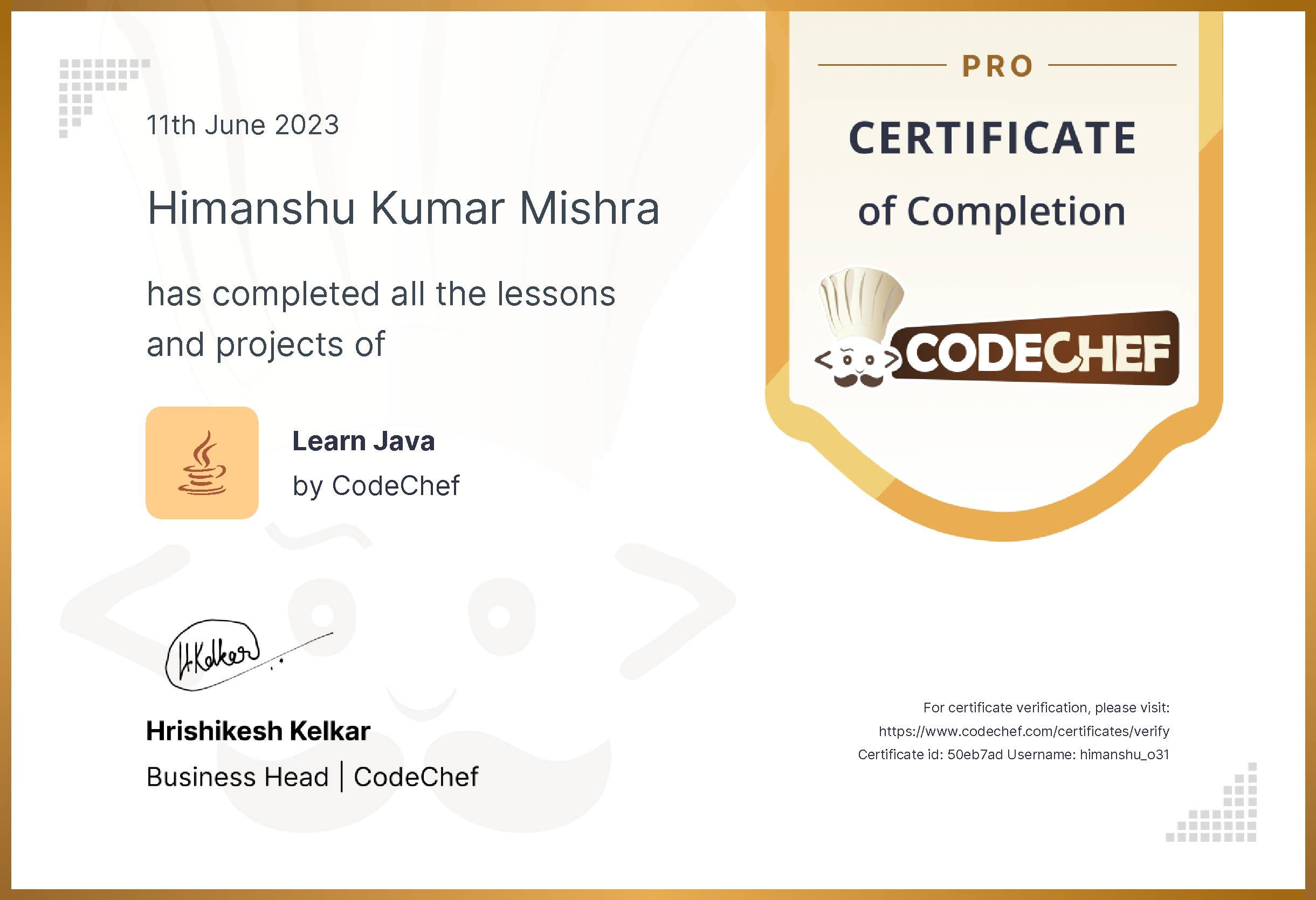 Awarded to Himanshu Kumar Mishra for completing <a href='/learn/course/java-old'>Learn Java - Pro</a>