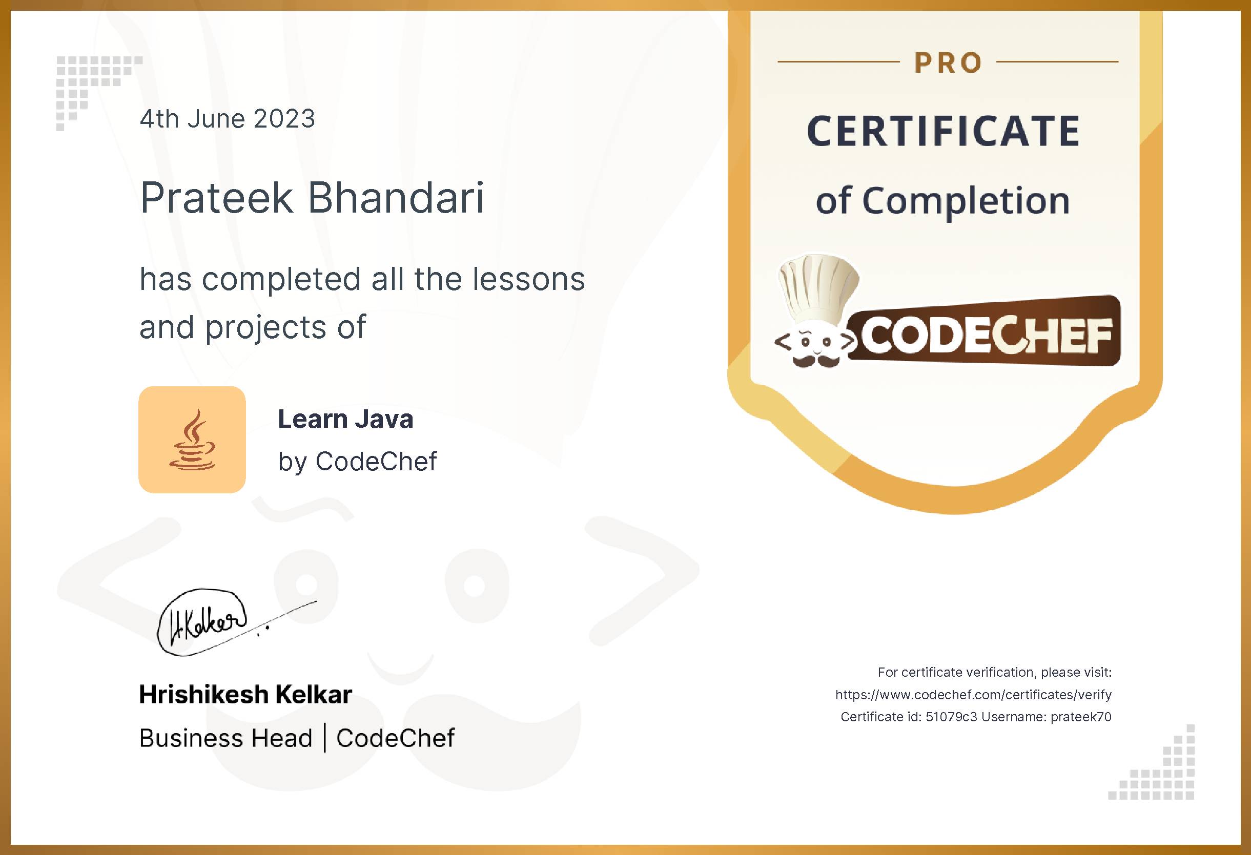 Awarded to Prateek Bhandari for completing <a href='/learn/course/java-old'>Learn Java - Pro</a>